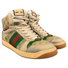 GUCCI Size 10.5 Tan Green & Red Distressed Canvas High Top Sneakers