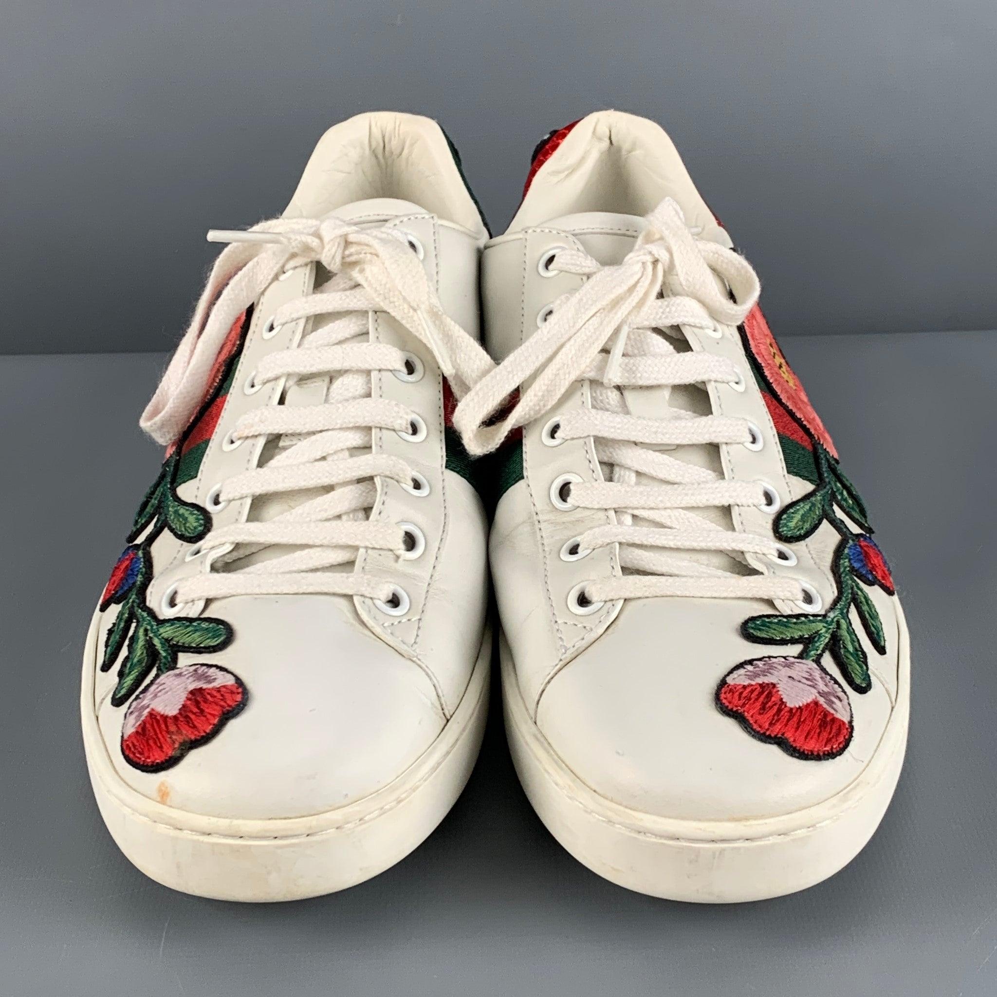 Women's GUCCI Size 10.5 White Multi-Color Leather Embroidered Low Top Sneakers