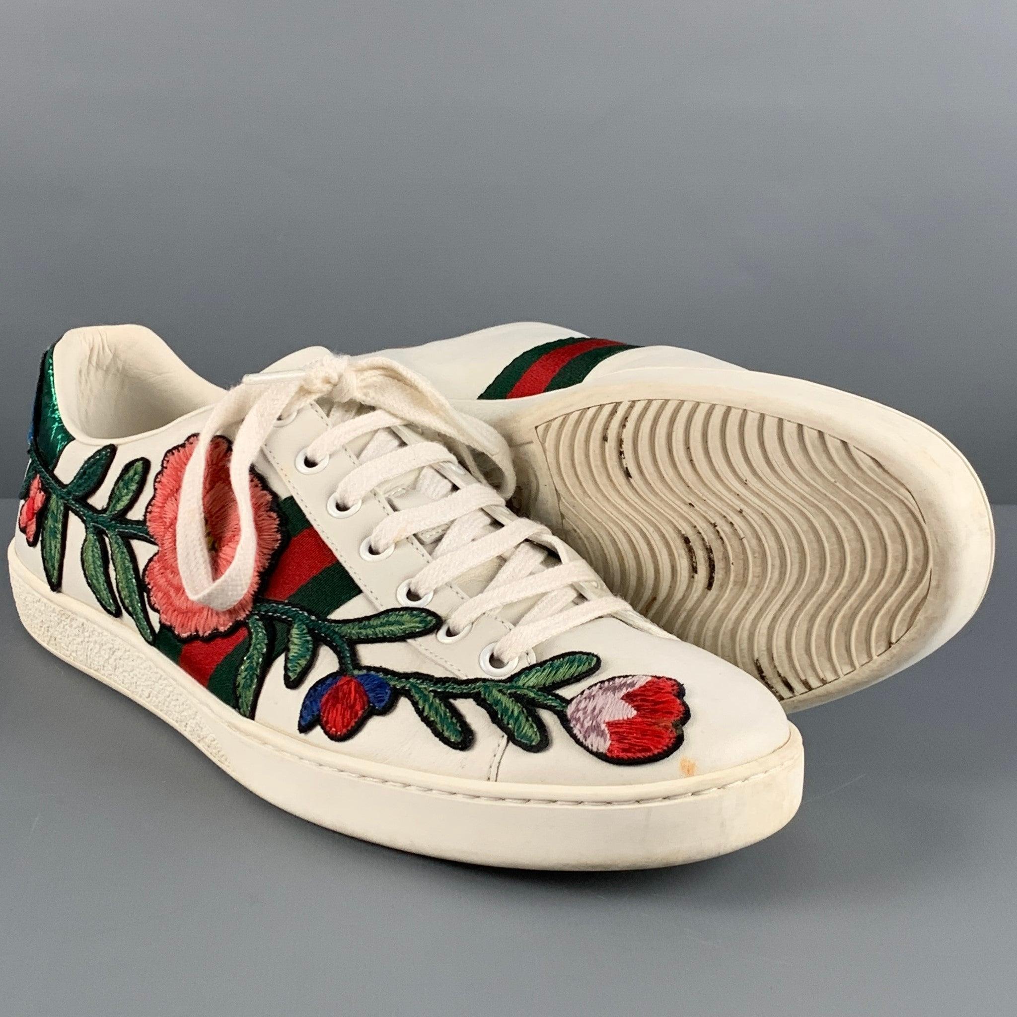 GUCCI Size 10.5 White Multi-Color Leather Embroidered Low Top Sneakers 1