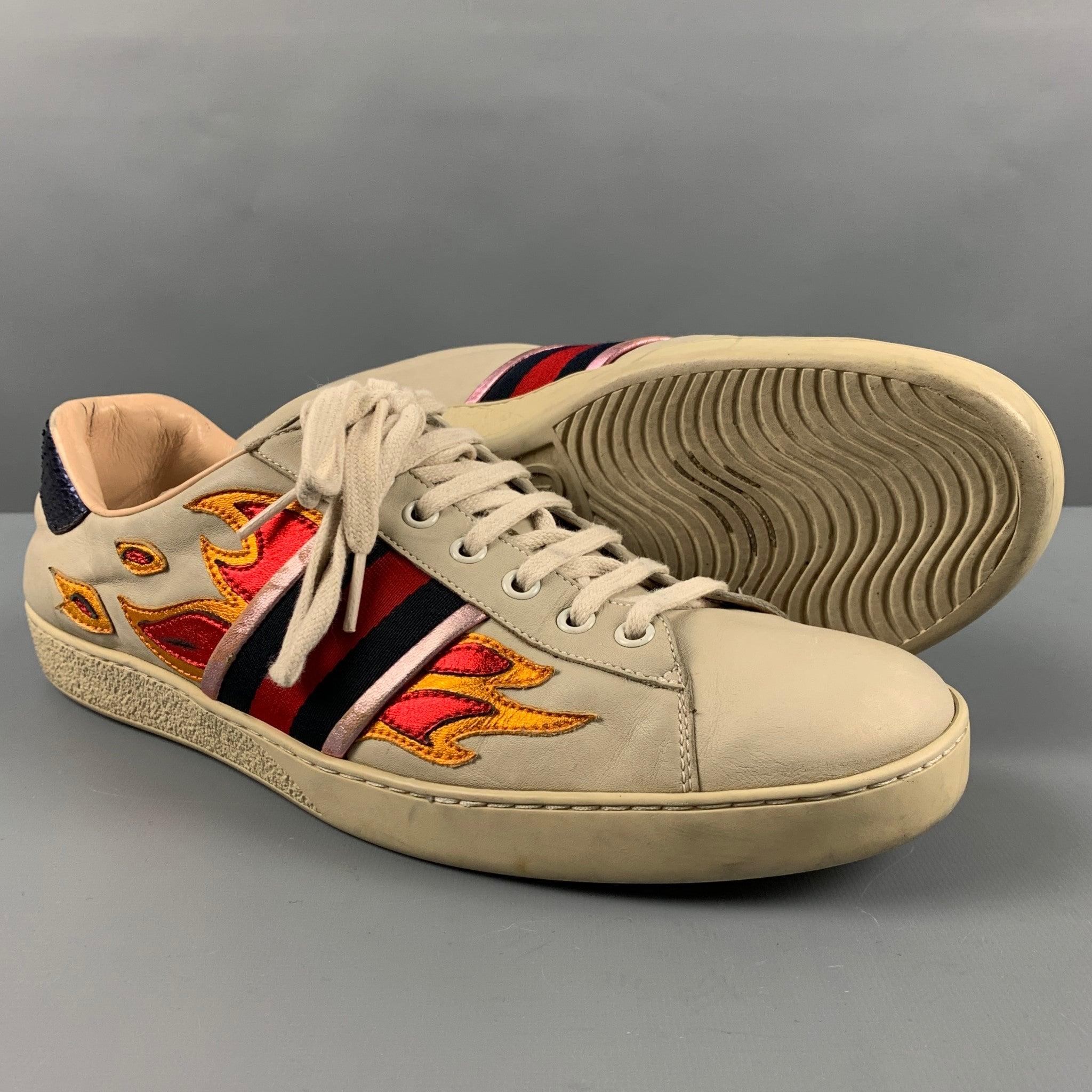 GUCCI Size 11 Beige Multicolour Leather Low Top Sneakers For Sale 1