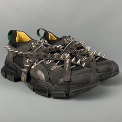 GUCCI Size 11 Black Flashtrek Spikes Canvas Leather Trim Sneakers