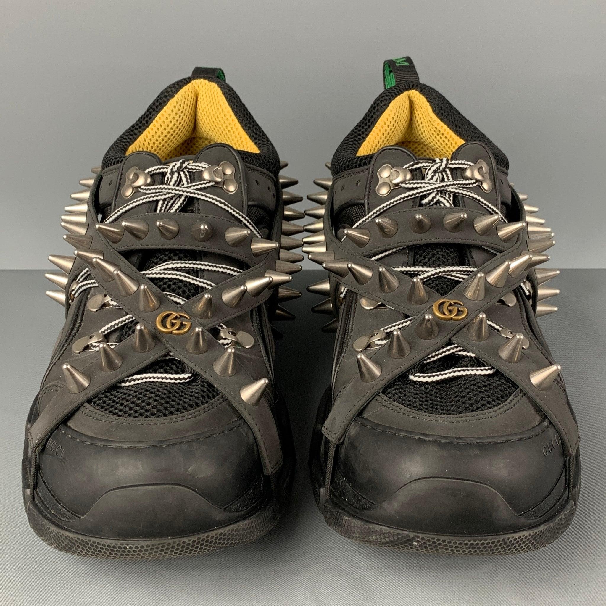 Men's GUCCI Size 11 Black Flashtrek Spikes Canvas Leather Trim Sneakers For Sale