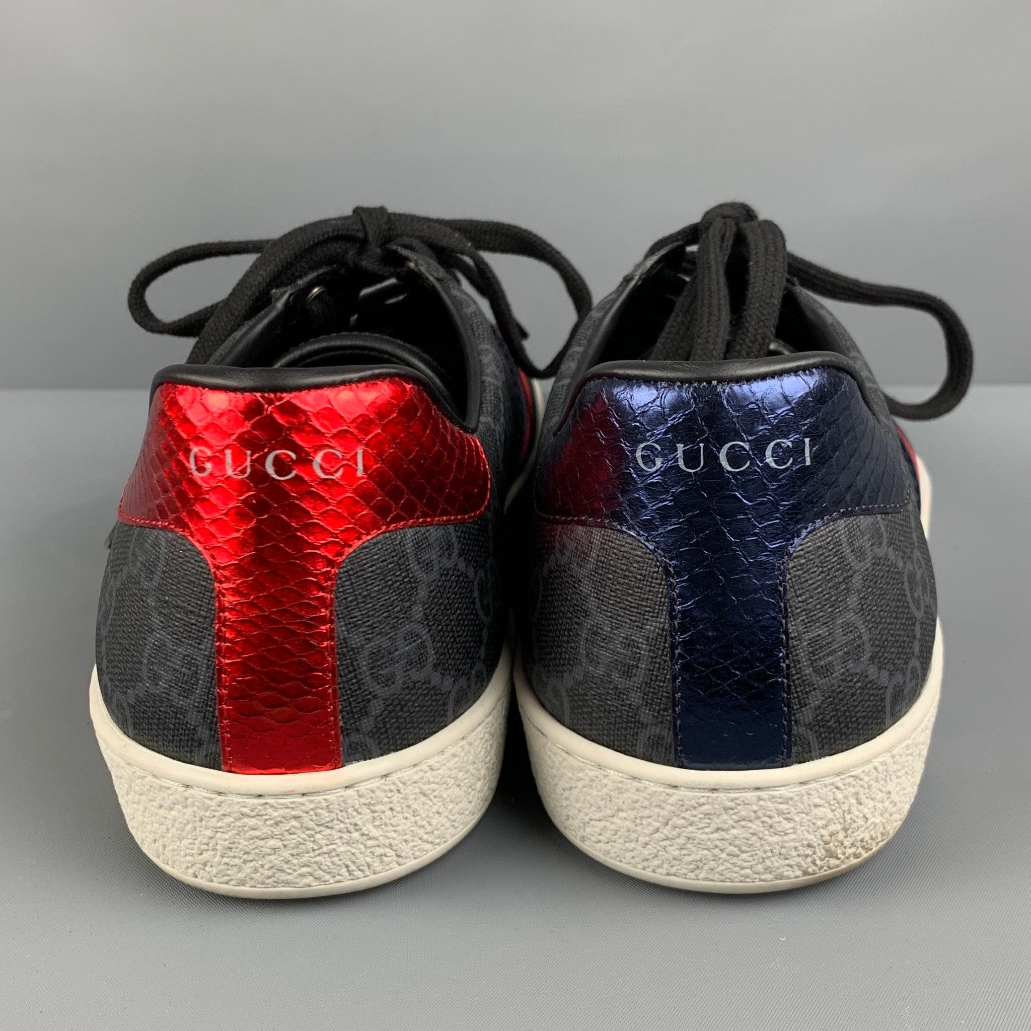 GUCCI Size 11 Black Grey Monogram Leather Lace Up Sneakers In Good Condition For Sale In San Francisco, CA