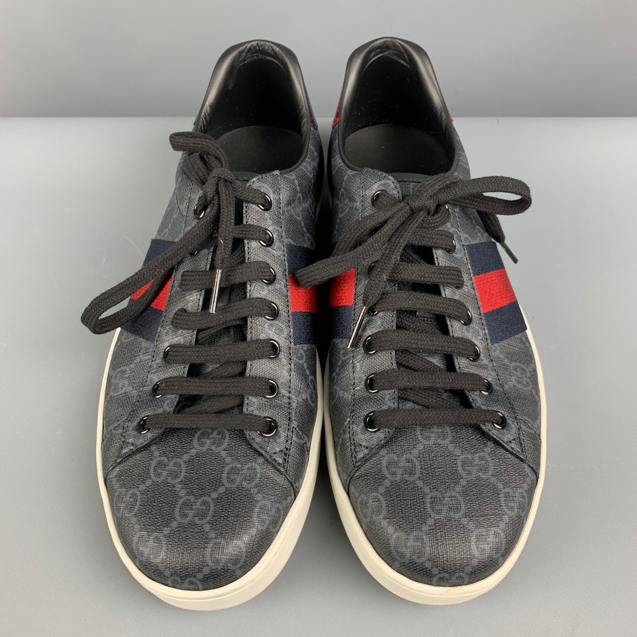 Men's GUCCI Size 11 Black Grey Monogram Leather Lace Up Sneakers For Sale