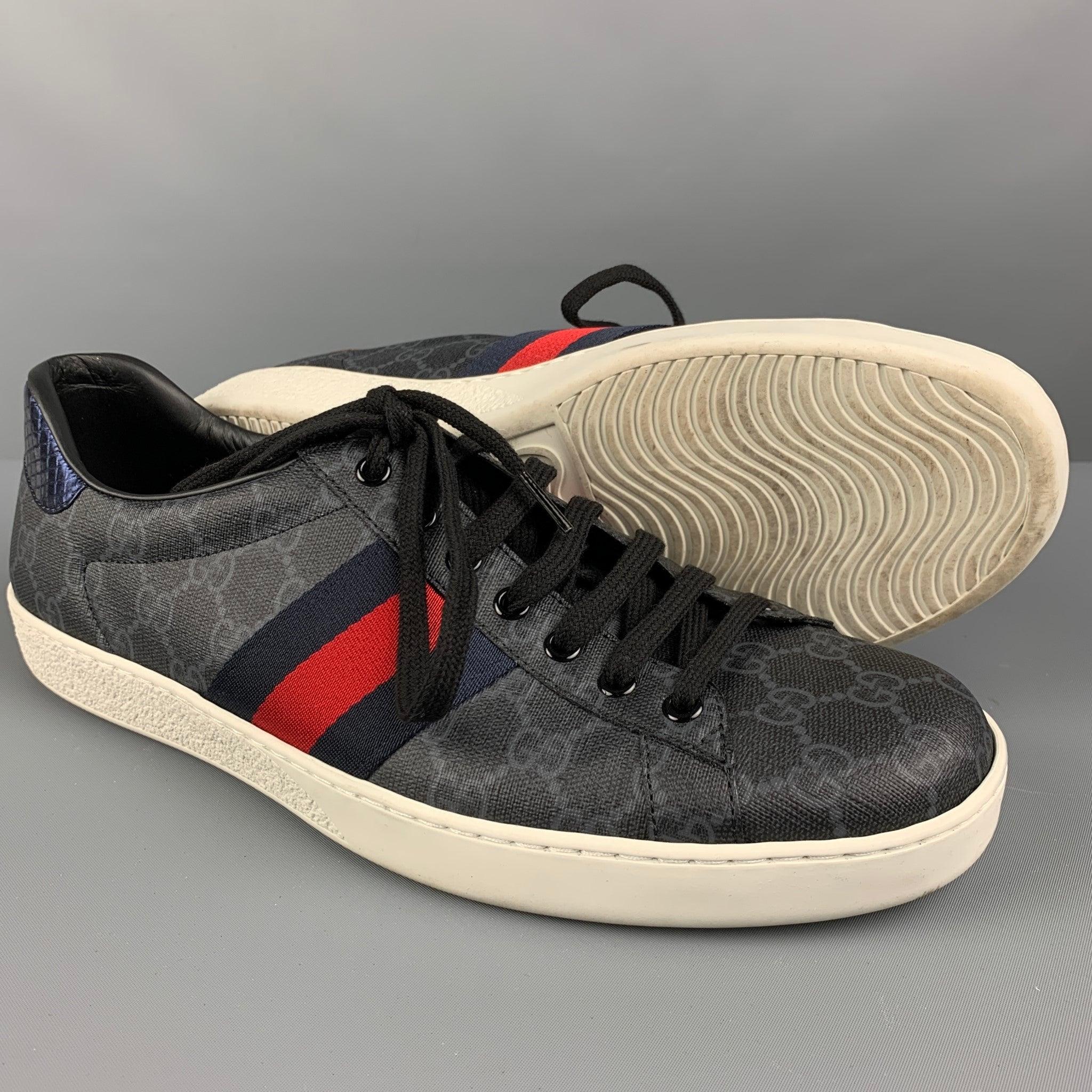 GUCCI Size 11 Black Grey Monogram Leather Lace Up Sneakers For Sale 1