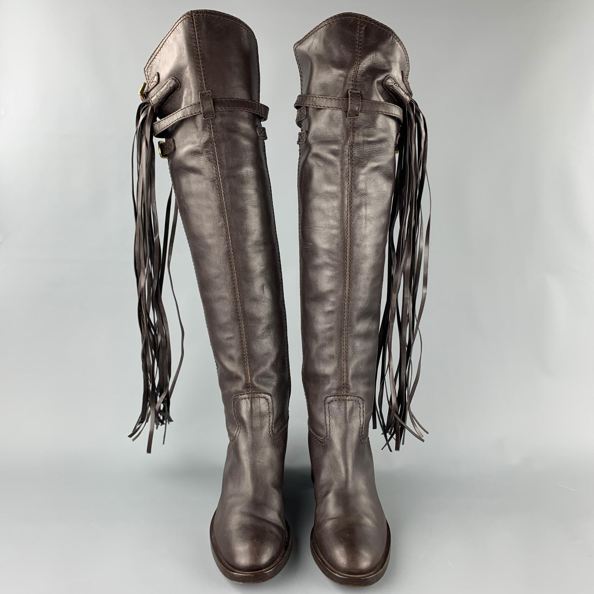 GUCCI Size 11 Brown Leather Tassel Pull On Boots In Good Condition In San Francisco, CA