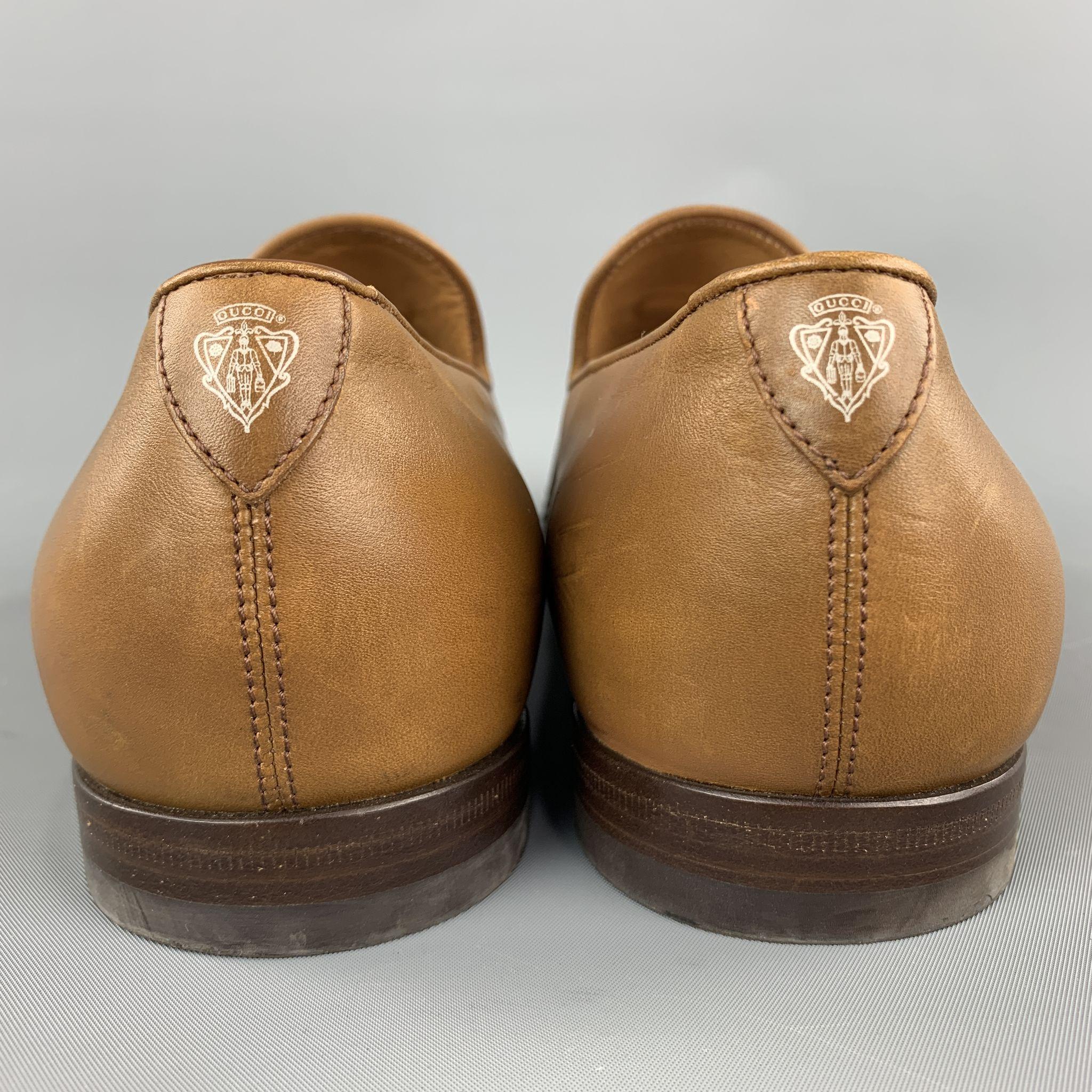Brown GUCCI Size 11 Tan Solid Leather Tassel Slip On Loafers