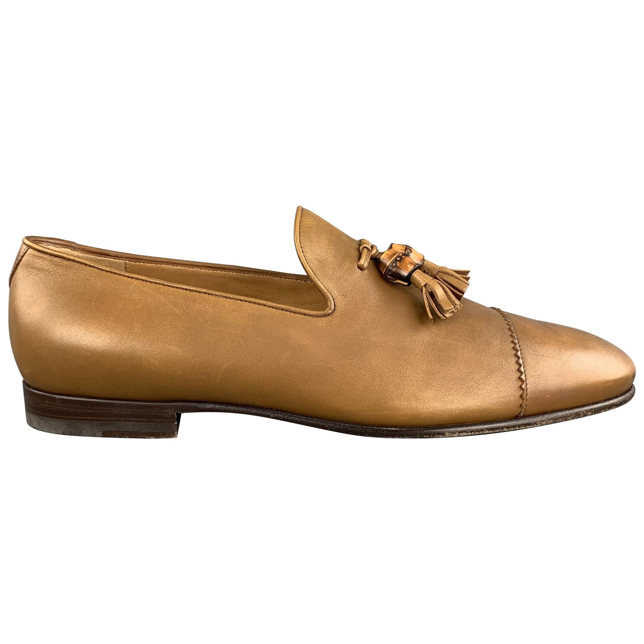 GUCCI Size 11 Tan Solid Leather Tassel Slip On Loafers