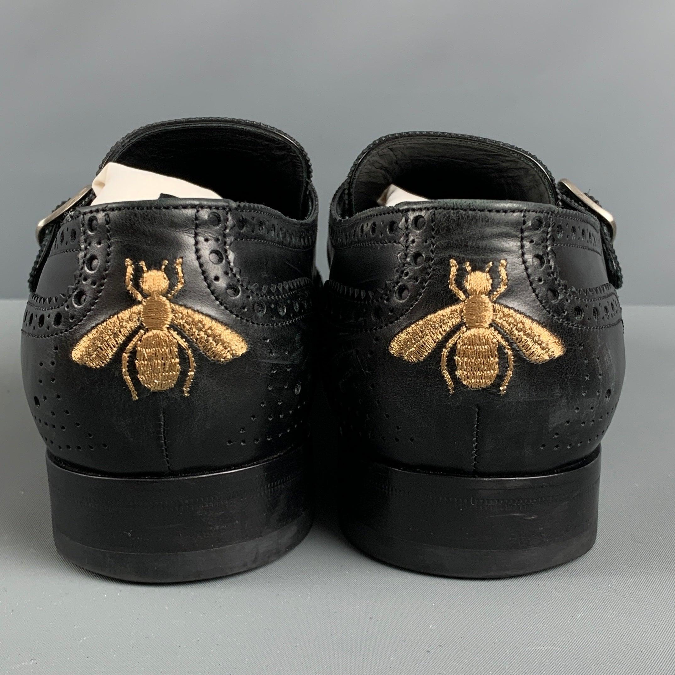 Gucci Size 11.5 Black Wingtip Leather Double Monk Strap Loafers Bon état - En vente à San Francisco, CA