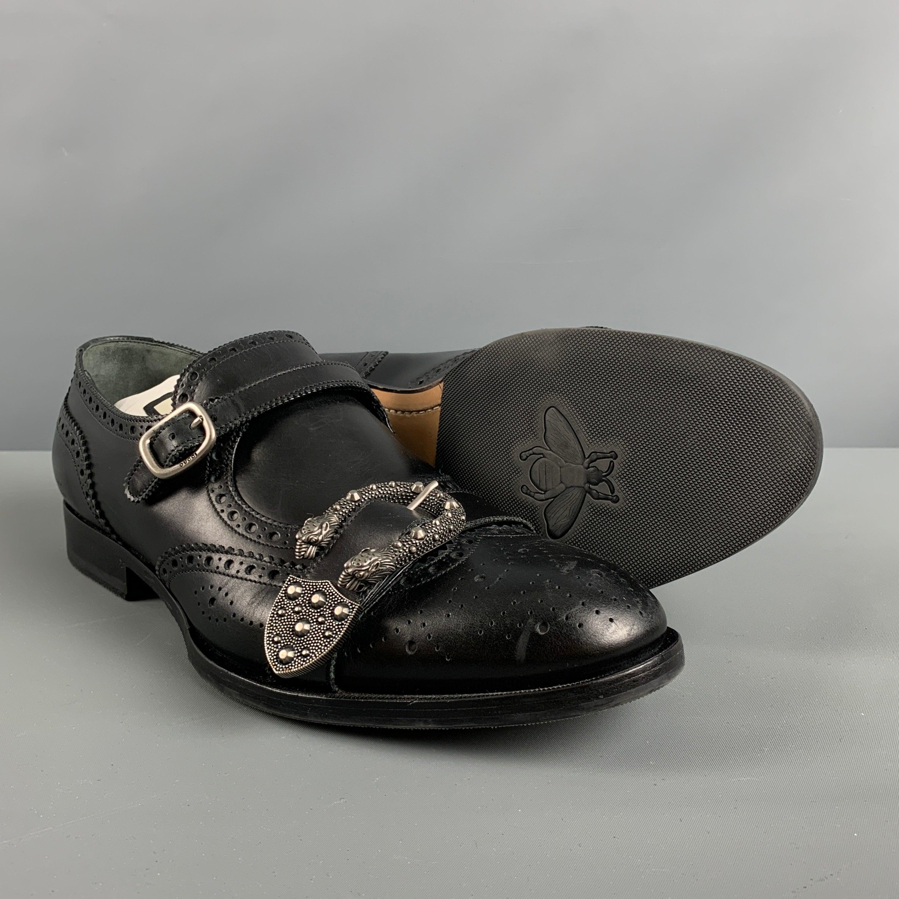 Gucci Size 11.5 Black Wingtip Leather Double Monk Strap Loafers en vente 1