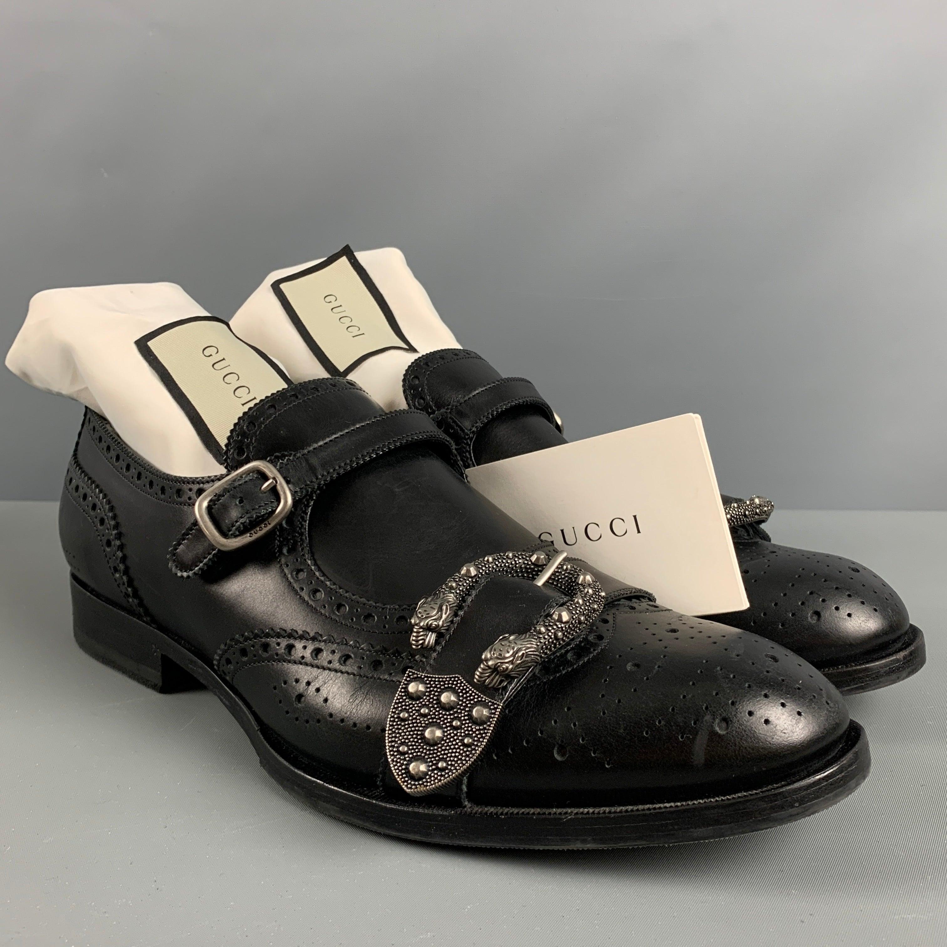 GUCCI Size 11.5 Black Wingtip Leather Double Monk Strap Loafers For Sale 3