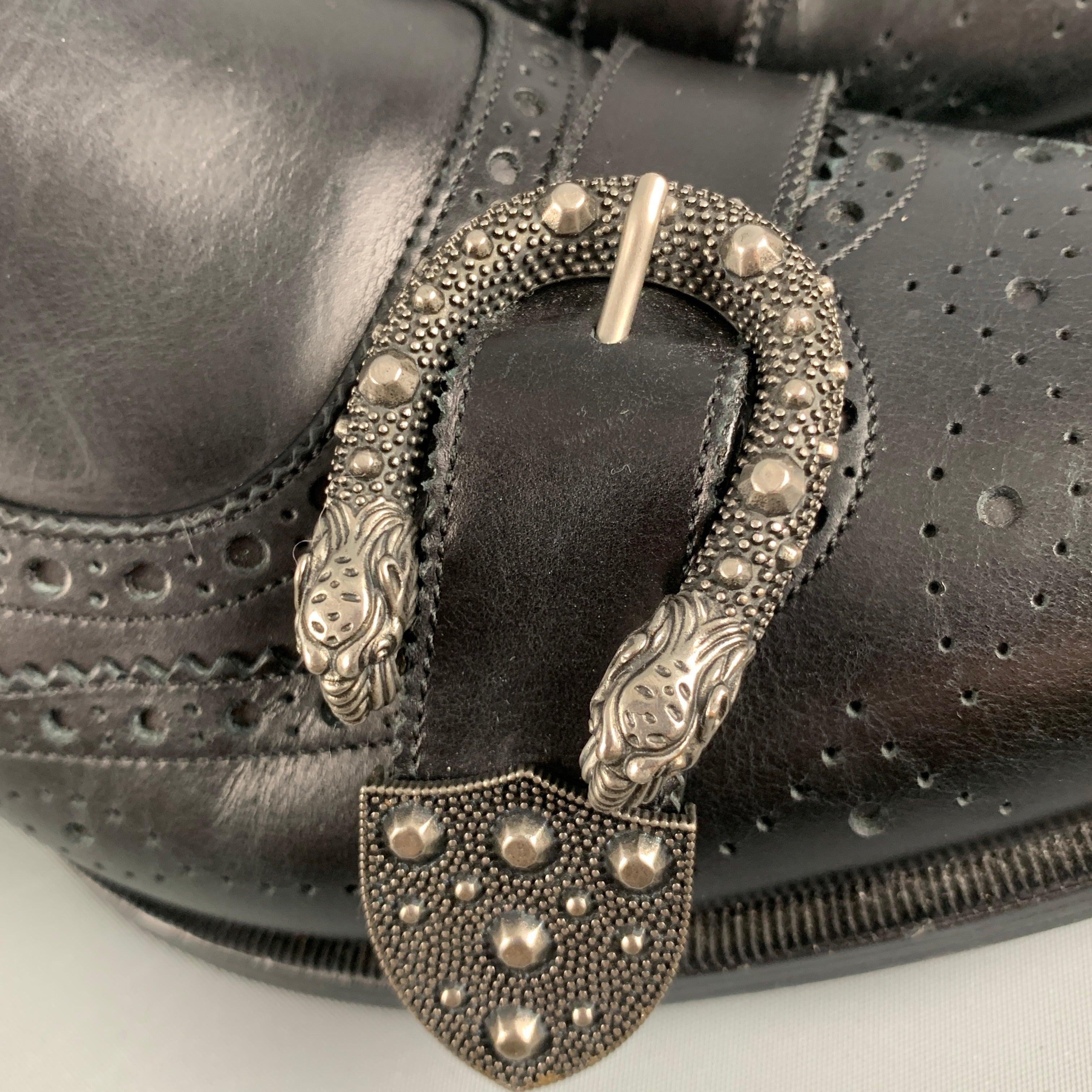 Gucci Size 11.5 Black Wingtip Leather Double Monk Strap Loafers en vente 4