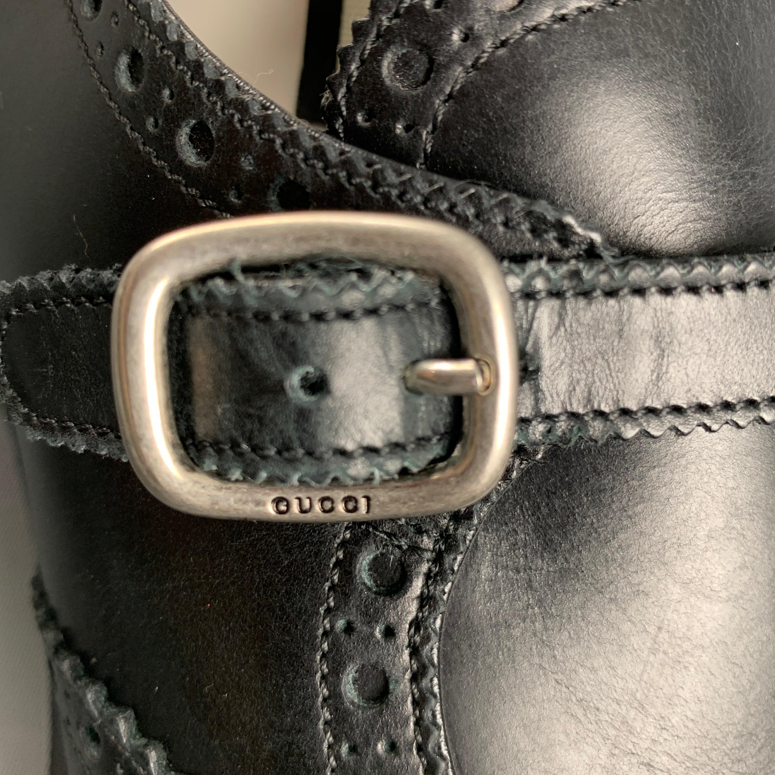 Gucci Size 11.5 Black Wingtip Leather Double Monk Strap Loafers en vente 5