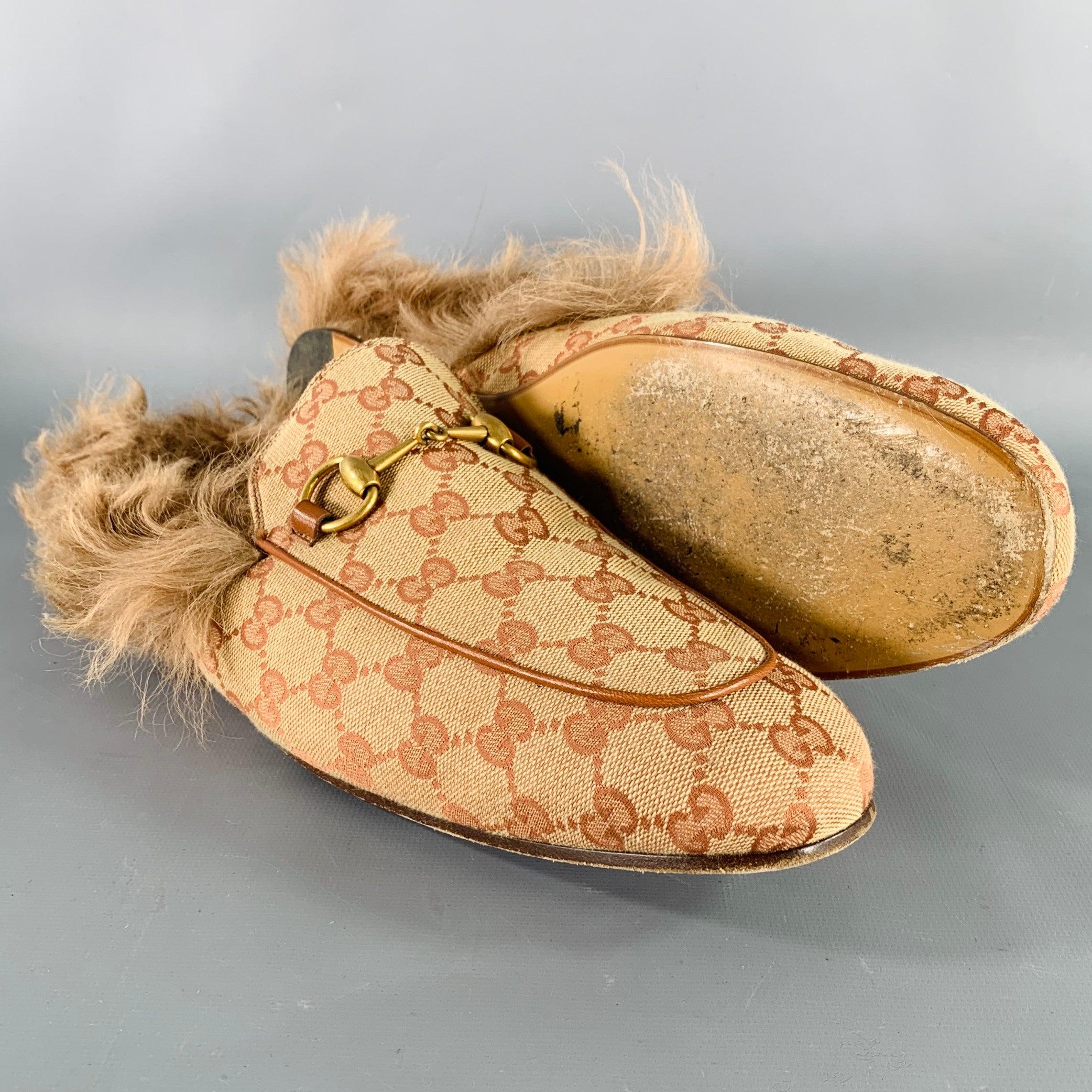 GUCCI Size 11.5 Guccissima Beige Rust Monogram Canvas Slip-On Loafers en venta 1
