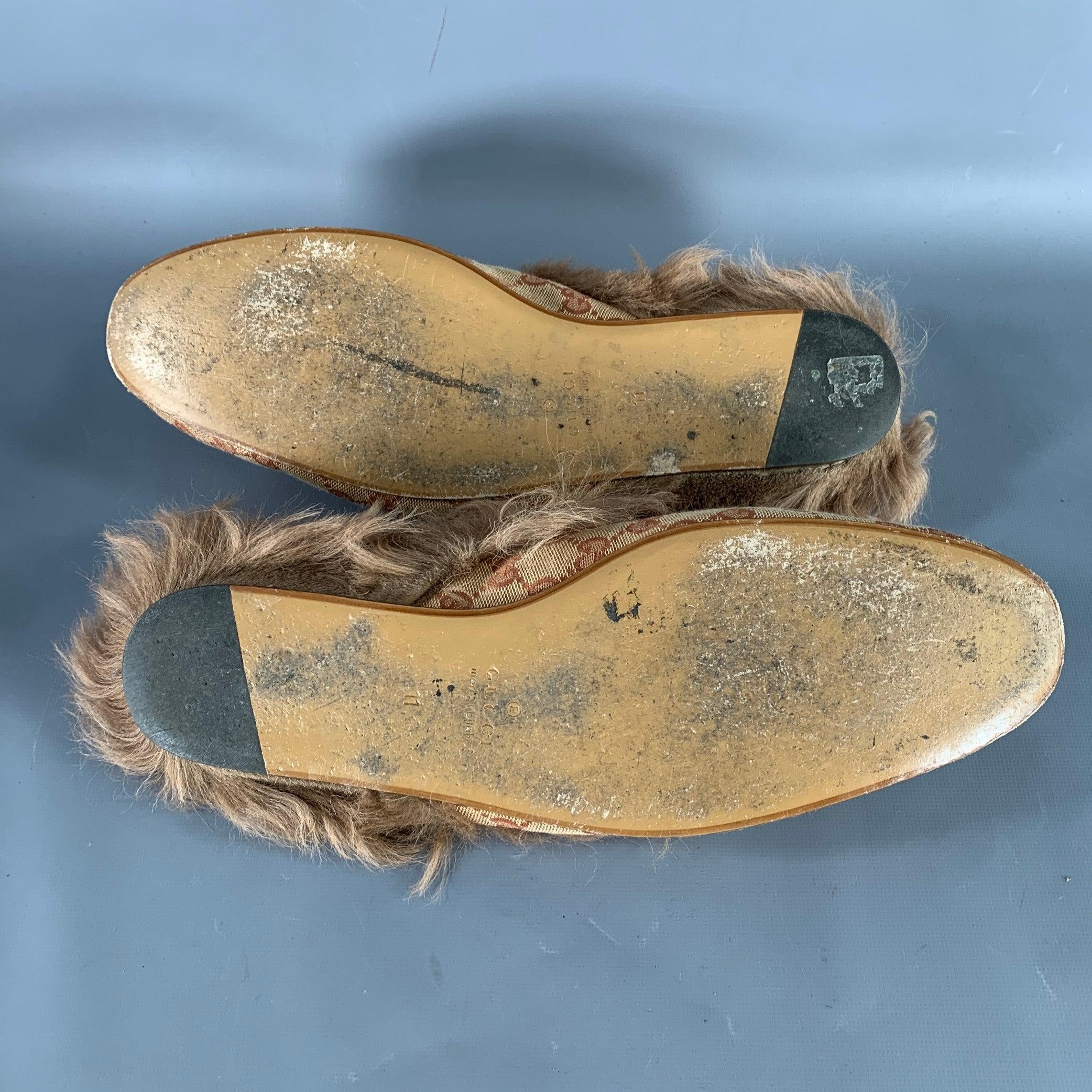 GUCCI Size 11.5 Guccissima Beige Rust Monogram Canvas Slip-On Loafers en venta 2