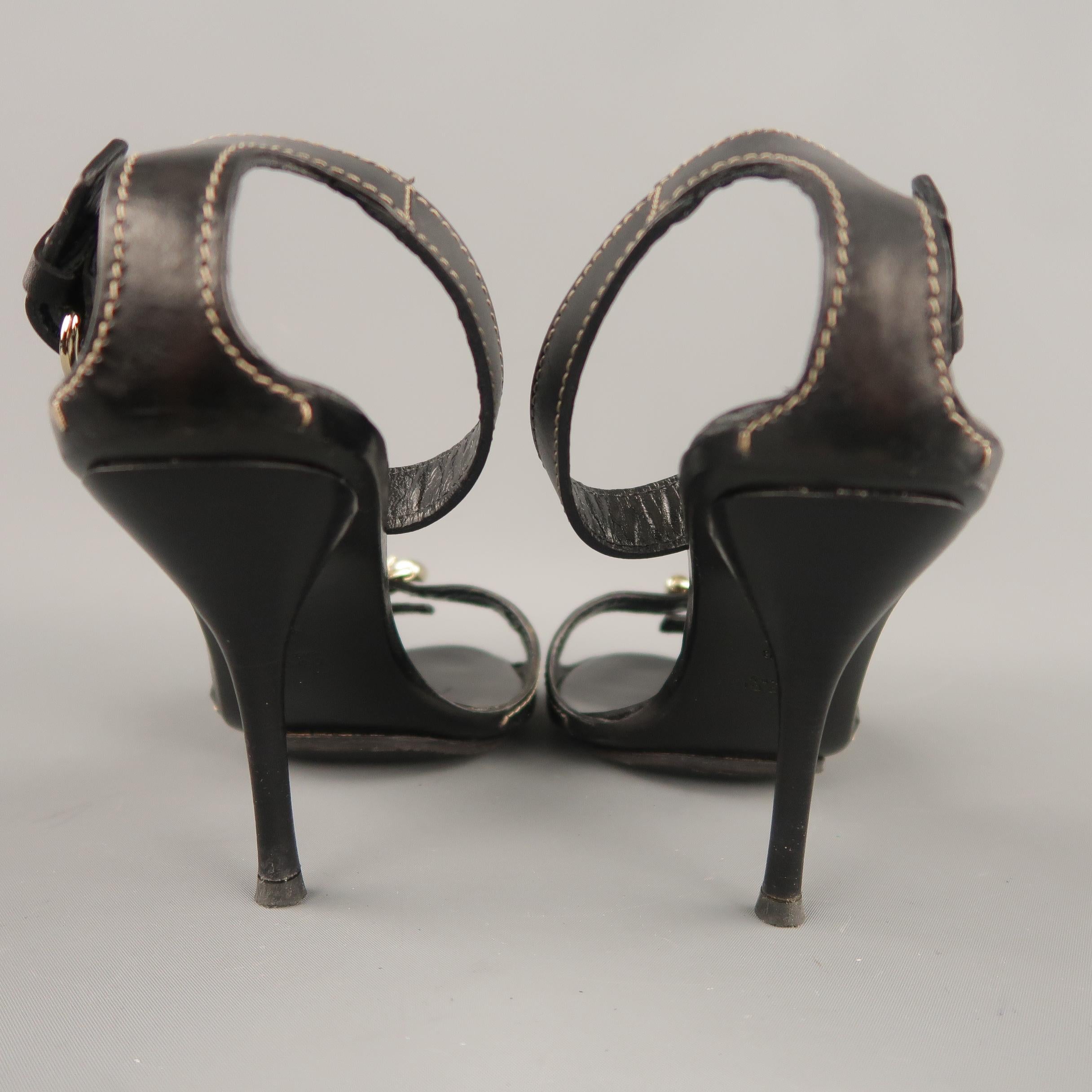  GUCCI Size 12 Black Leather Ankle Strap Gold Buckle Sandals In Excellent Condition In San Francisco, CA