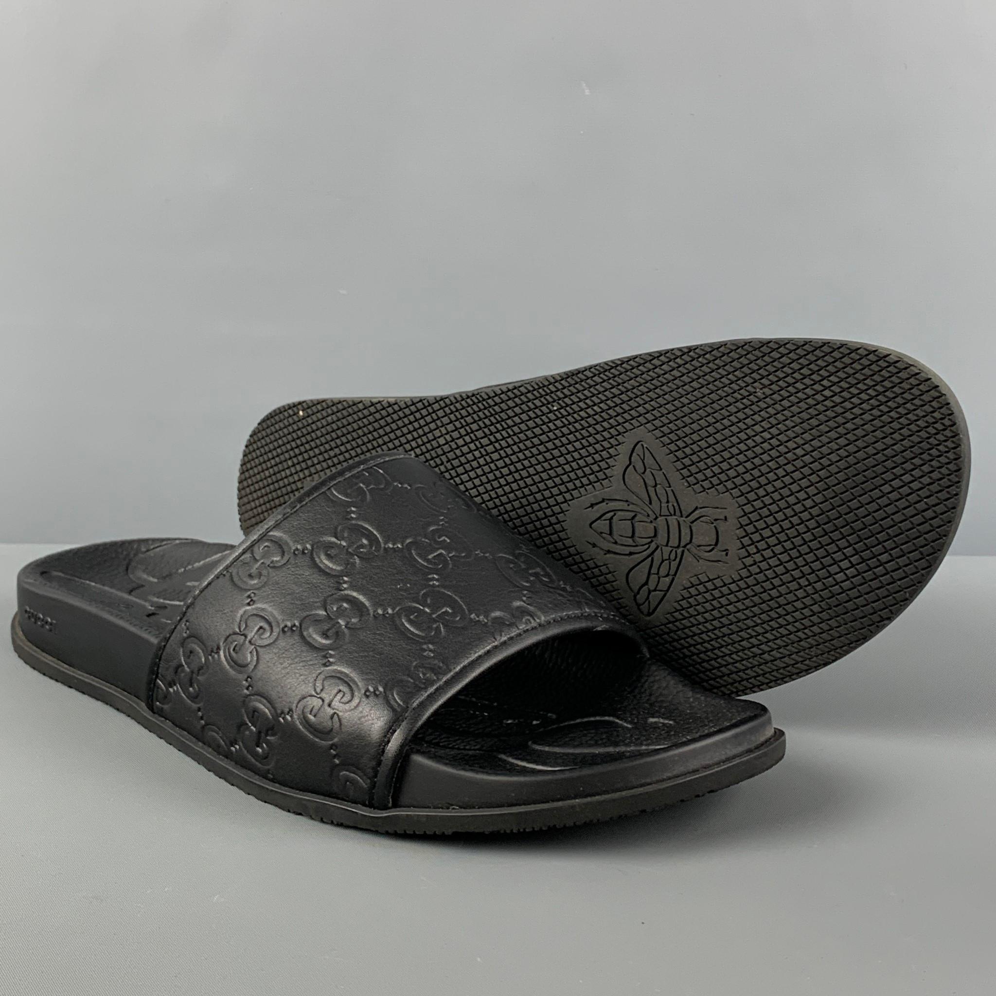 GUCCI Size 12 Black Monogram Leather Slide Sandals In Excellent Condition In San Francisco, CA