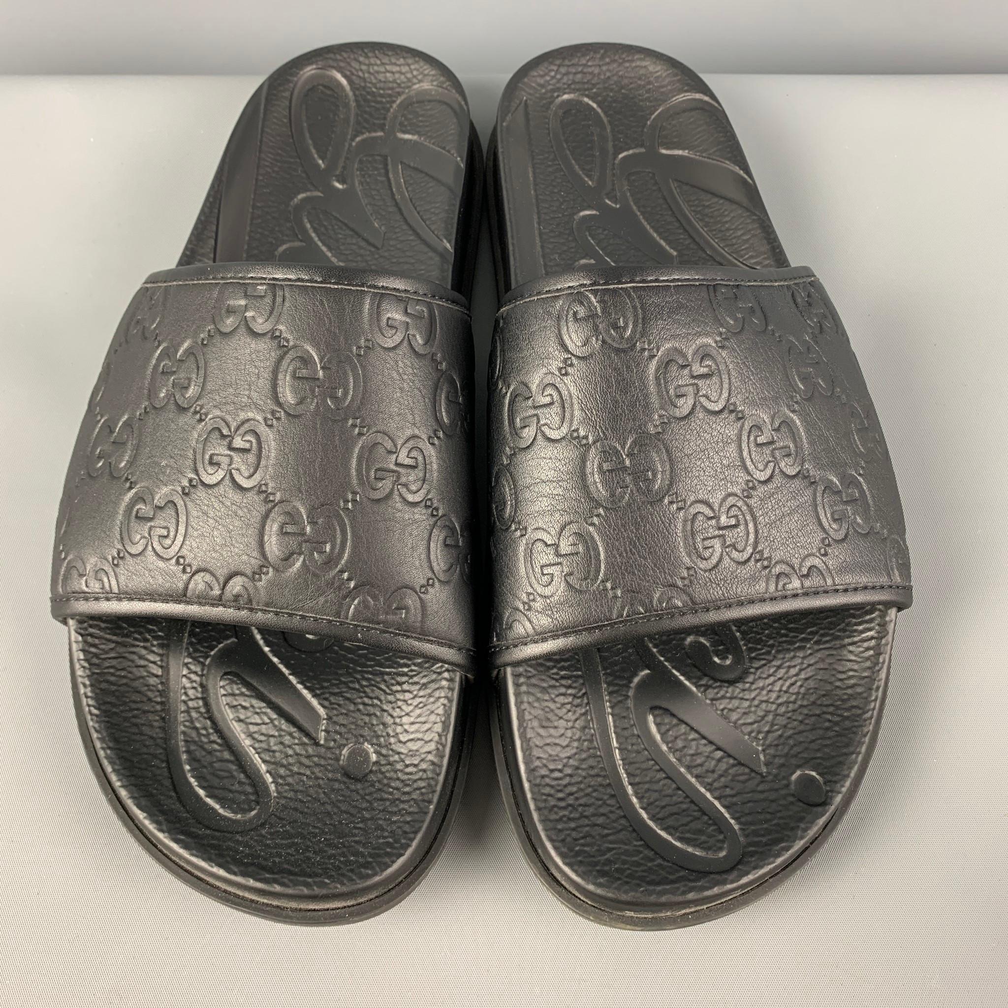 Men's GUCCI Size 12 Black Monogram Leather Slide Sandals