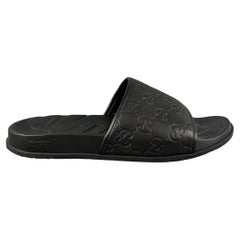 GUCCI Size 12 Black Monogram Leather Slide Sandals