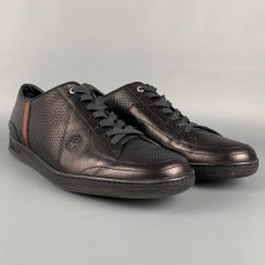 GUCCI Size 12 Black Perforated Leather Low Top Sneakers