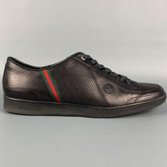 GUCCI Size 12 Black Perforated Leather Low Top Sneakers