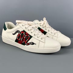 GUCCI Size 12 White Applique Leather Lace Up Ace Sneakers