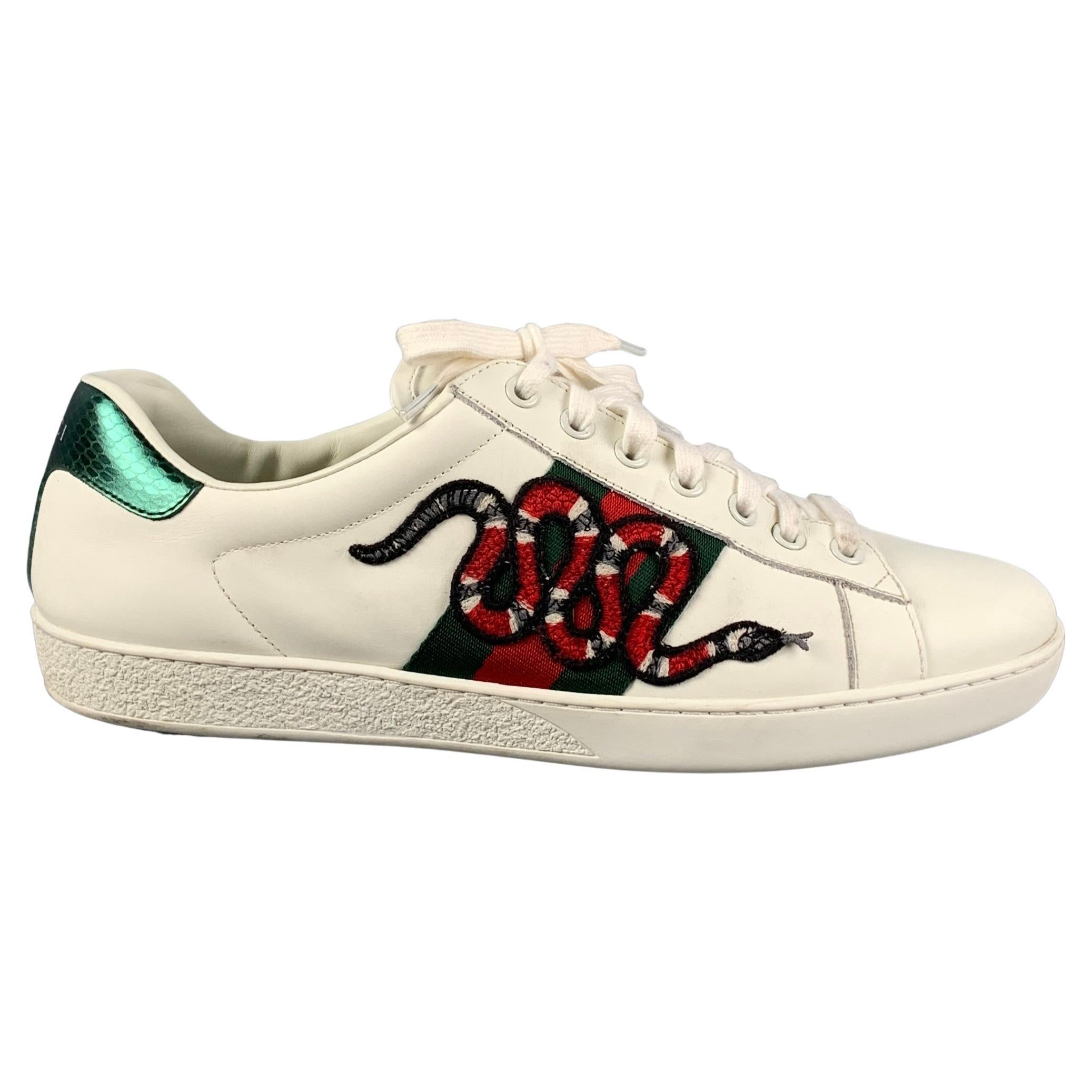 GUCCI Size 12 White Applique Leather Lace Up Ace Sneakers For Sale at  1stDibs