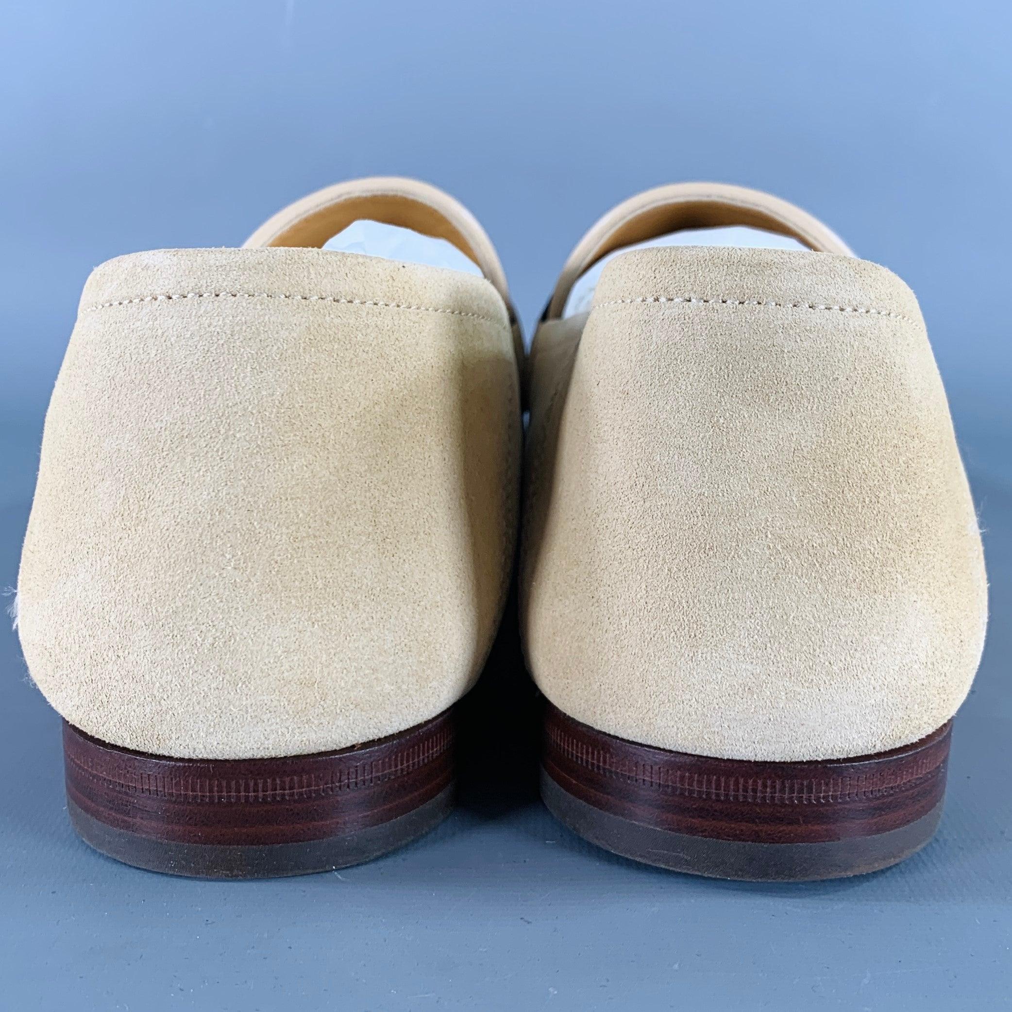 GUCCI Size 12.5 Beige Navy Red Ribbon Trim Suede Loafers In Good Condition In San Francisco, CA