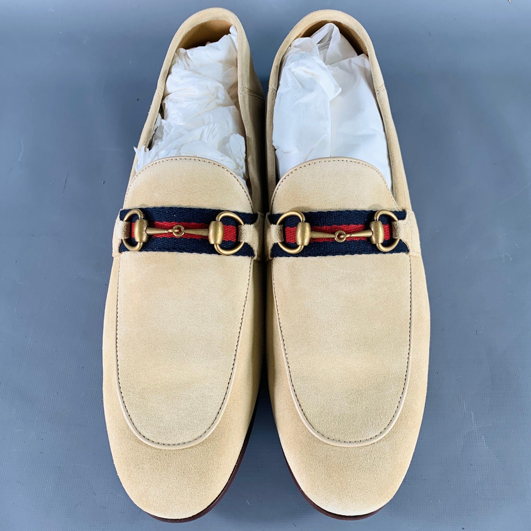 Men's GUCCI Size 12.5 Beige Navy Red Ribbon Trim Suede Loafers