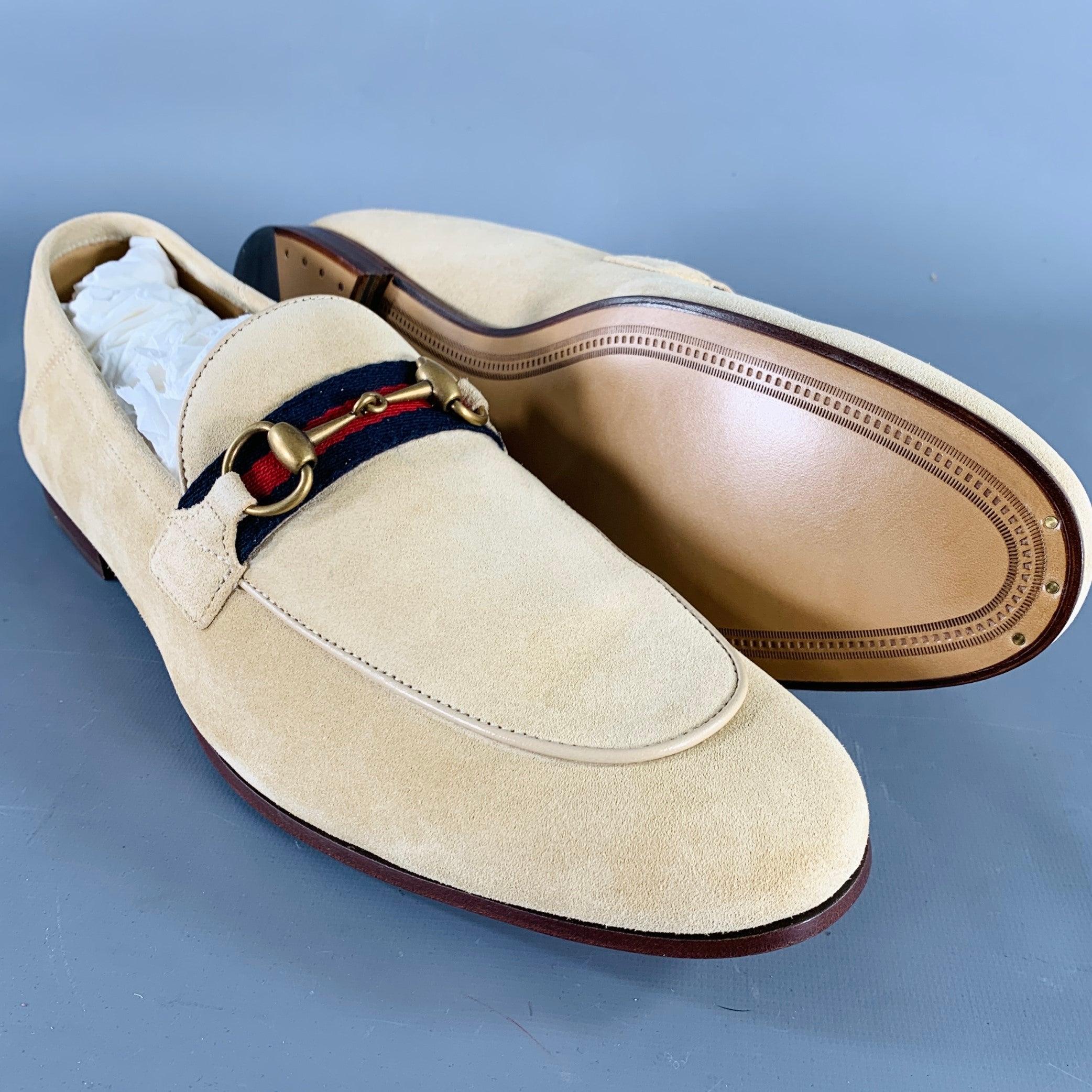 GUCCI Size 12.5 Beige Navy Red Ribbon Trim Suede Loafers 1
