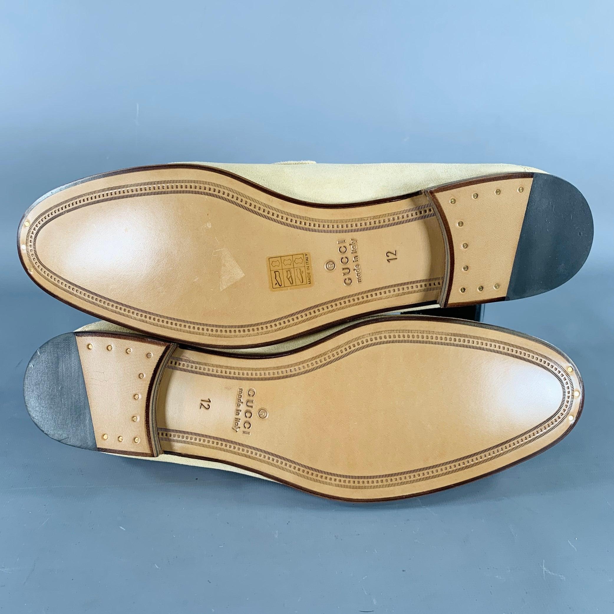 GUCCI Size 12.5 Beige Navy Red Ribbon Trim Suede Loafers 2
