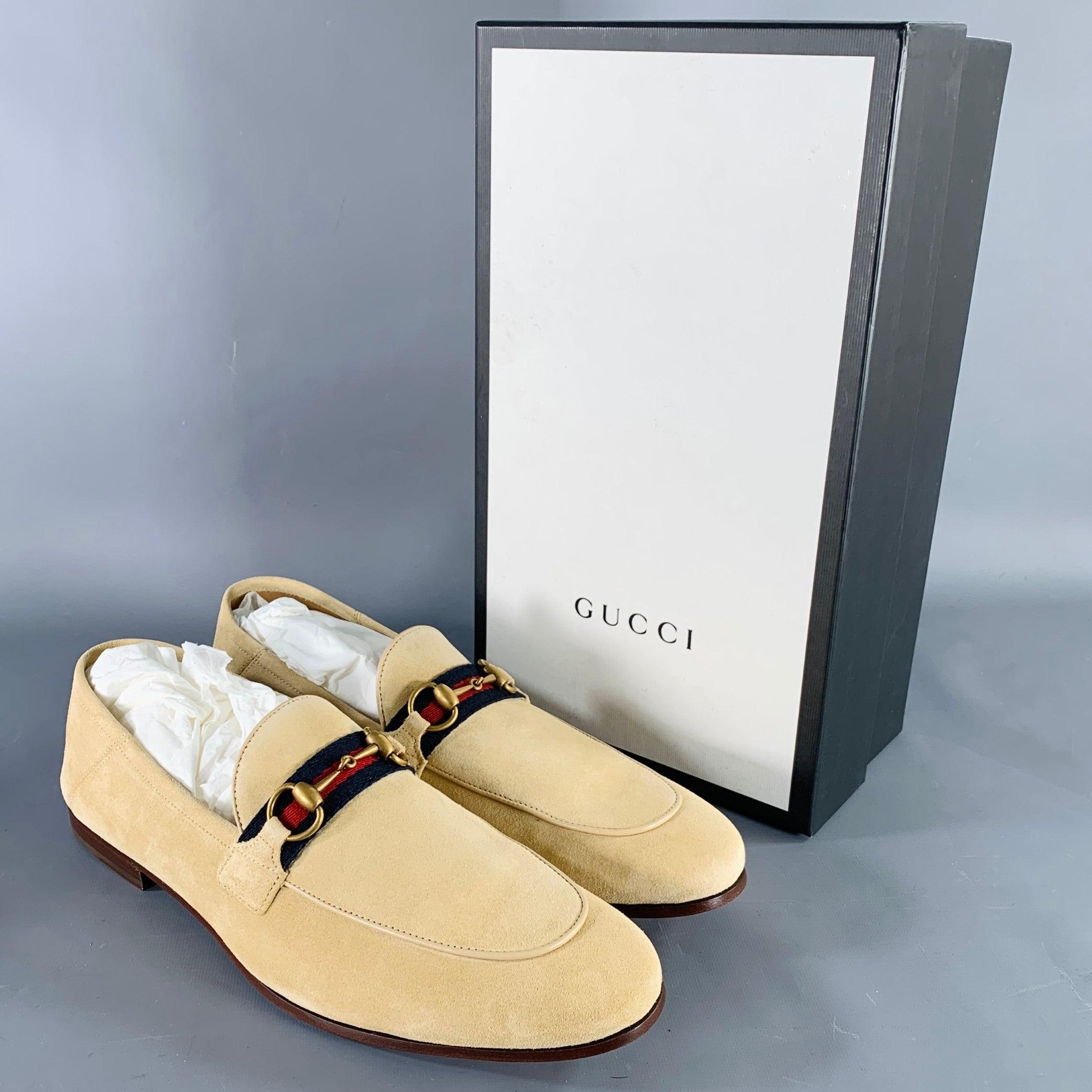 GUCCI Size 12.5 Beige Navy Red Ribbon Trim Suede Loafers 5