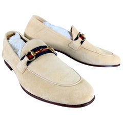 GUCCI Size 12.5 Beige Navy Red Ribbon Trim Suede Loafers