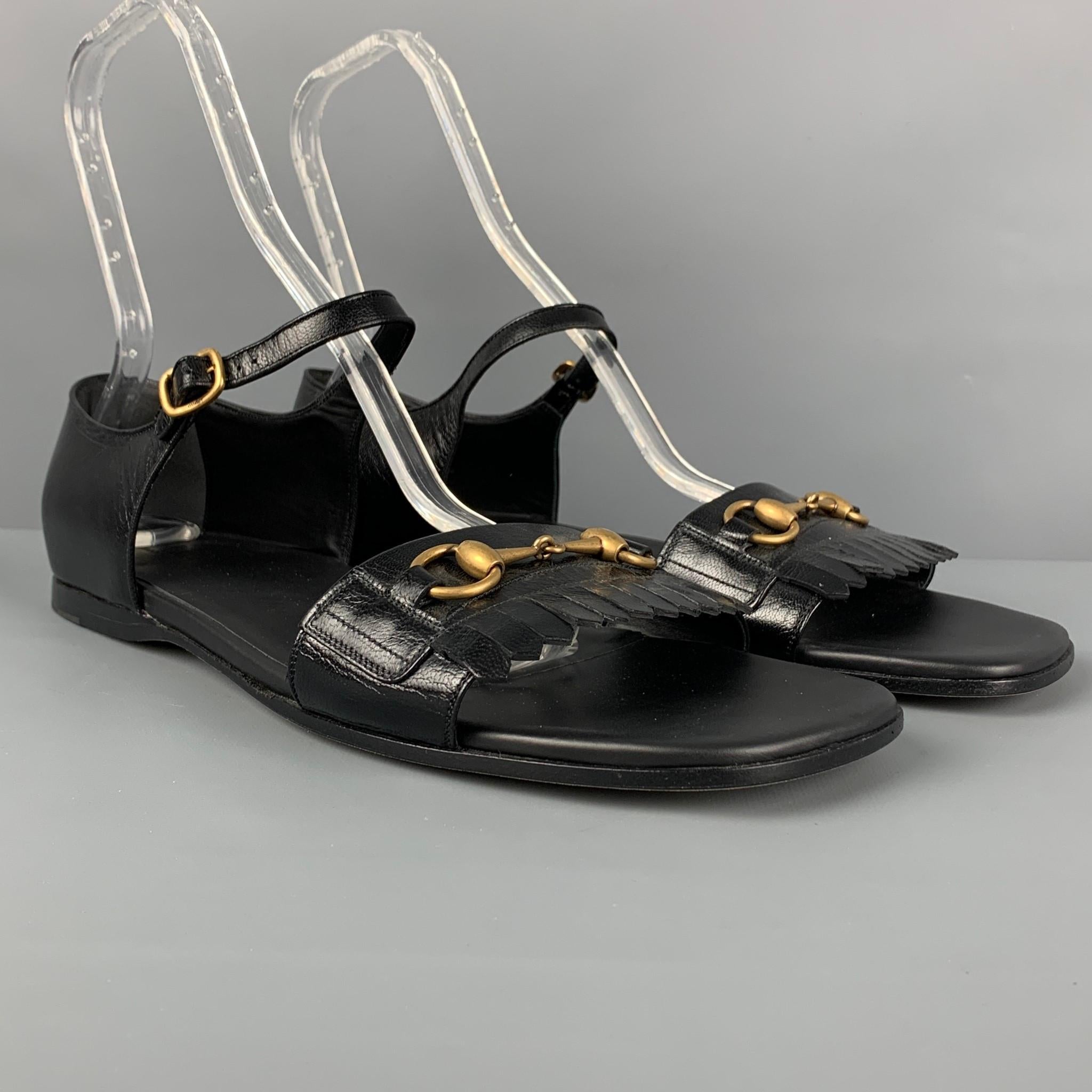 GUCCI Size 13 Black Fringe Leather Horsebit Sandals In Excellent Condition In San Francisco, CA