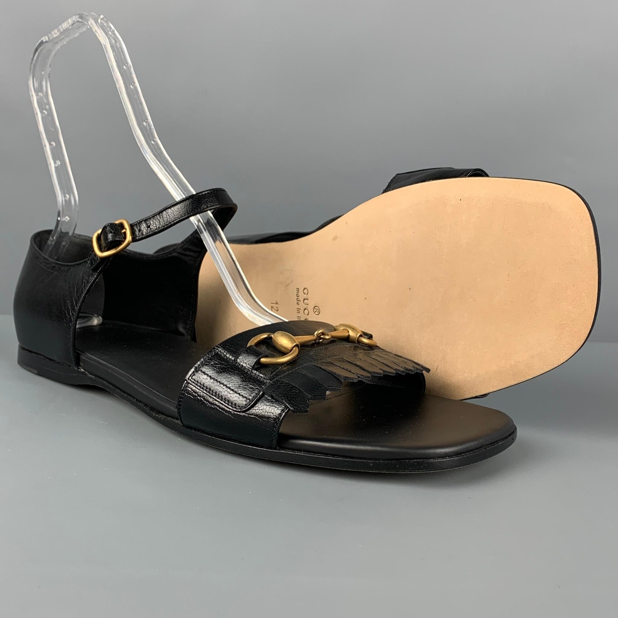 Men's GUCCI Size 13 Black Fringe Leather Horsebit Sandals