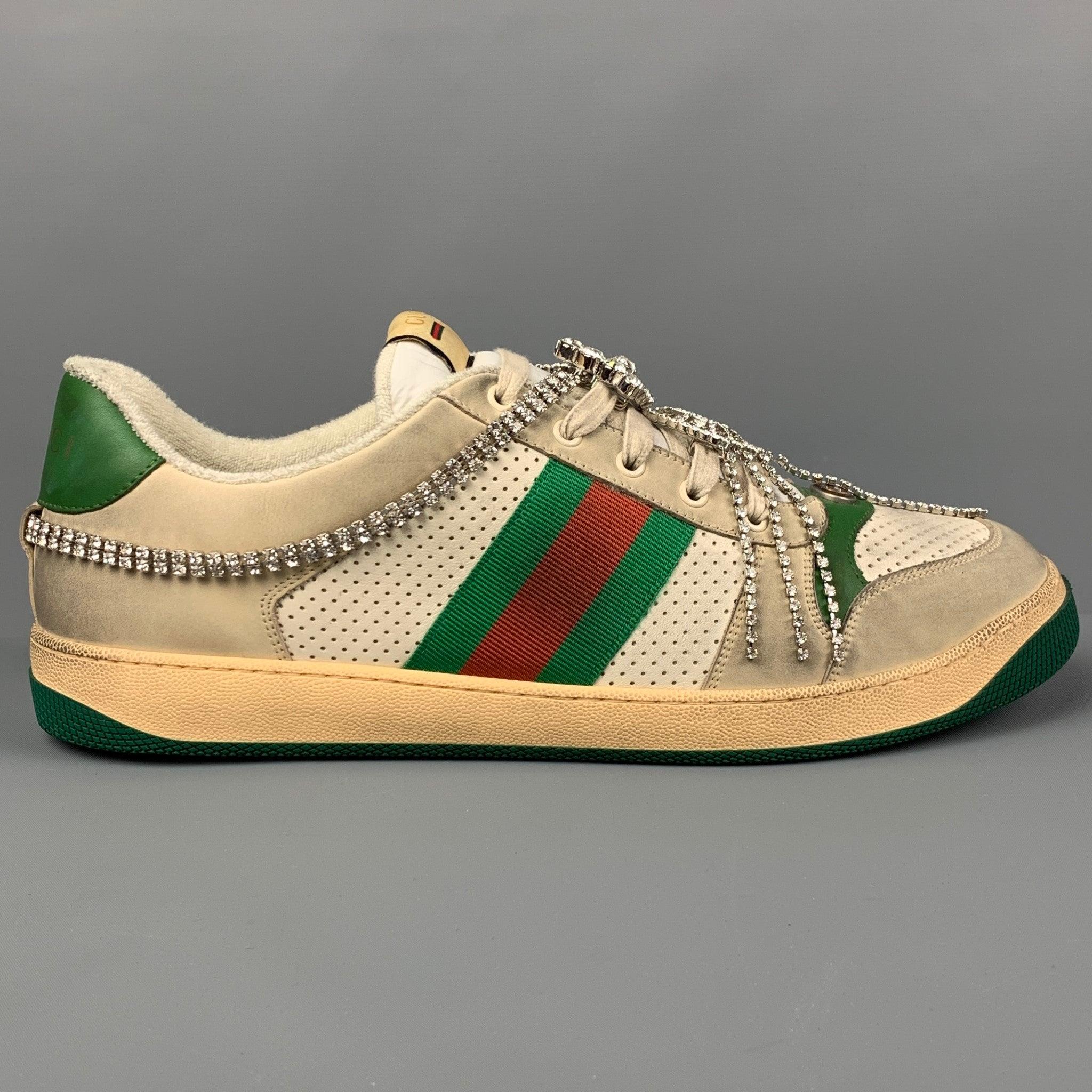 GUCCI 'Screener' sneakers comes in a ivory distressed leather featuring a removable Art Deco GG crystal chain, web stripe detail, perforated, rubber sole, and a lace up closure. Made in Italy.
 New With Box. 
 

 Marked:  14.5Outsole: 13.5 inches x