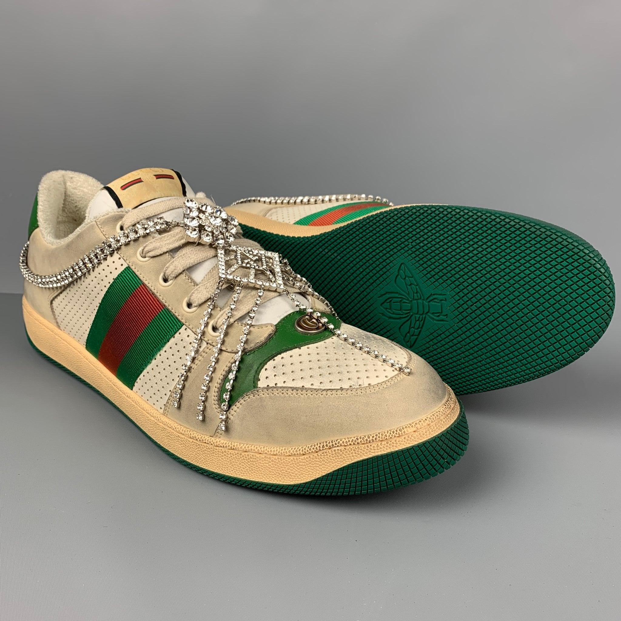 GUCCI Size 15 Off White Green Distressed Leather Crystal Screener Sneakers In Good Condition In San Francisco, CA