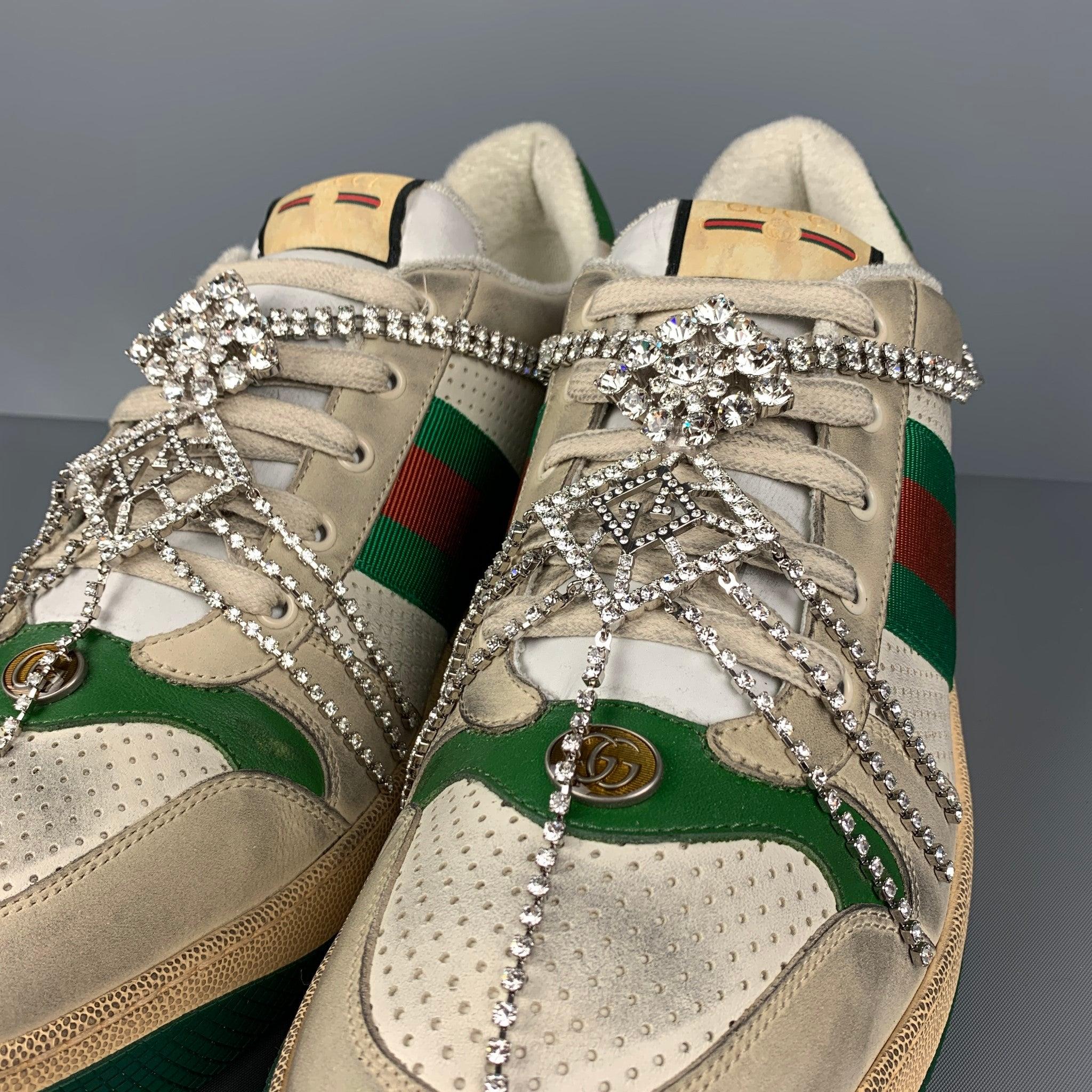 Men's GUCCI Size 15 Off White Green Distressed Leather Crystal Screener Sneakers