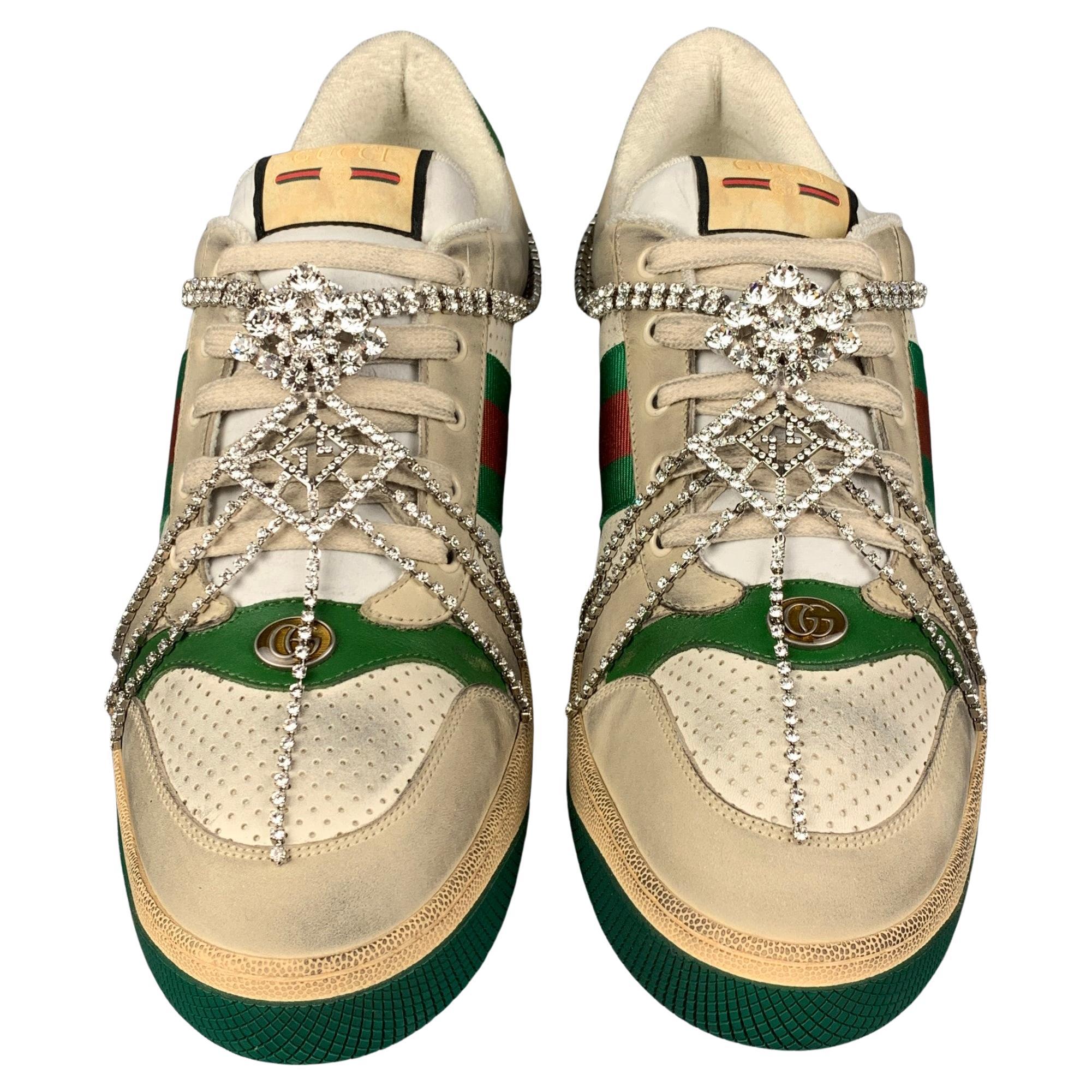 GUCCI Size 15 Off White Green Distressed Leather Crystal Screener Sneakers