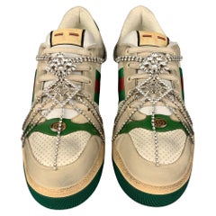 GUCCI Size 15 Off White Green Distressed Leather Crystal Screener Sneakers