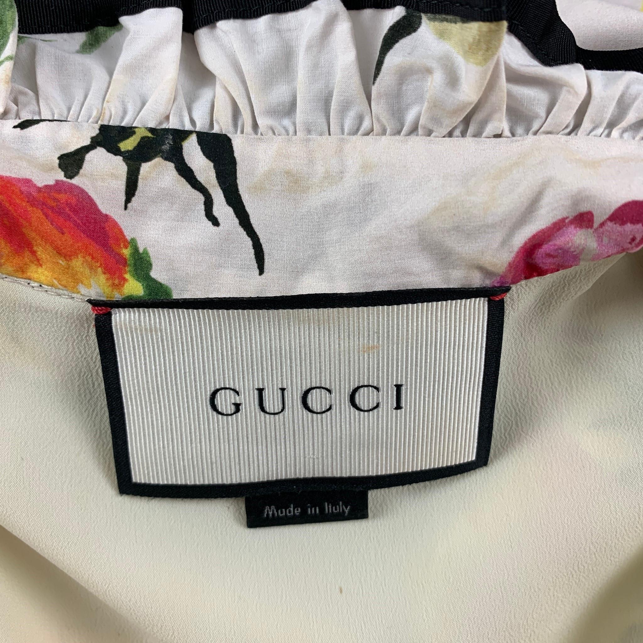 GUCCI Size 2 Beige Floral Cotton Ruffle Pussy Bow Cocktail Dress In Good Condition In San Francisco, CA