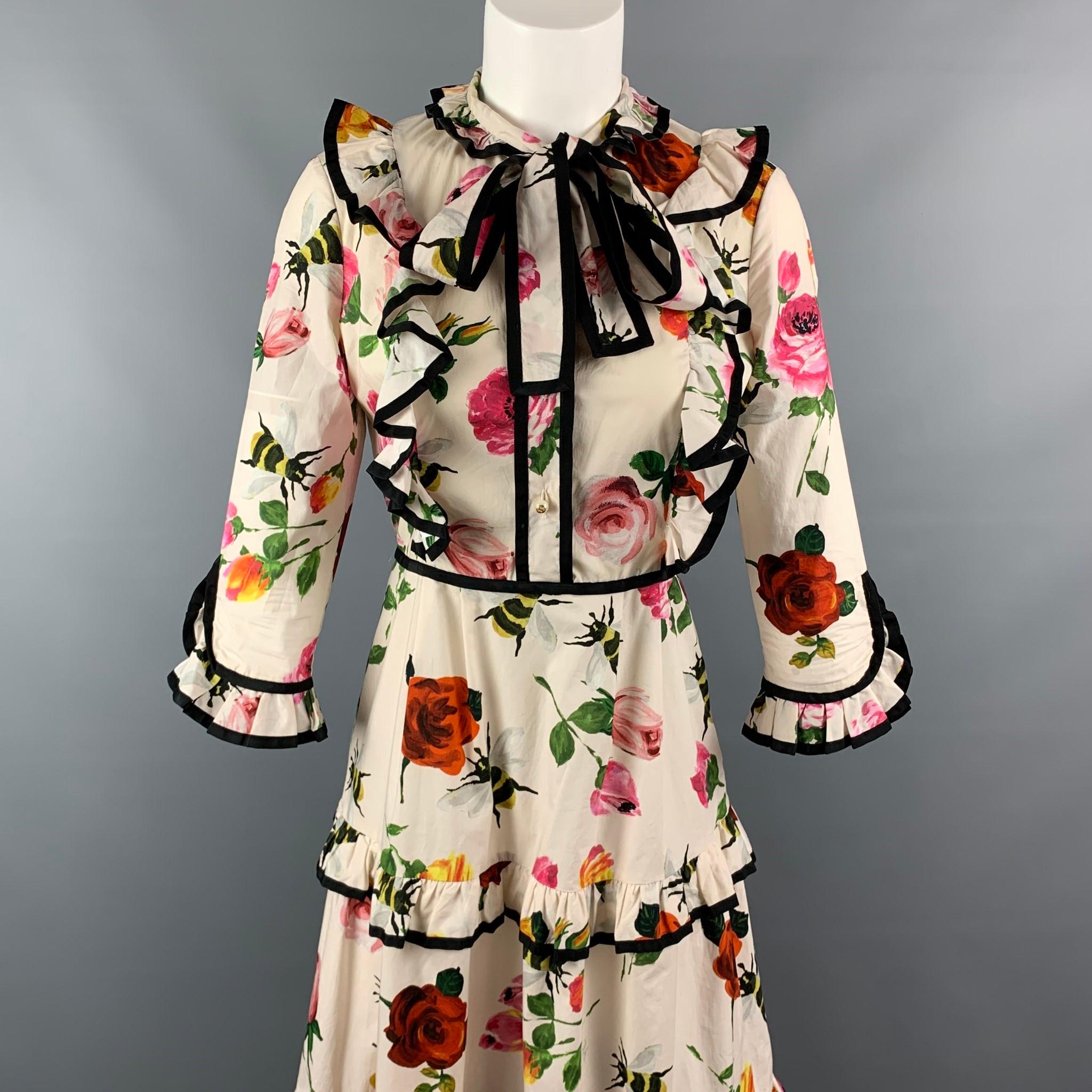 Women's GUCCI Size 2 Beige Floral Cotton Ruffle Pussy Bow Cocktail Dress