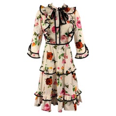 GUCCI Size 2 Beige Floral Cotton Ruffle Pussy Bow Cocktail Dress