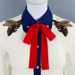 GUCCI Size 2 Cream Red Blue Silk Embellishment Pussybow Honeybees Blouse