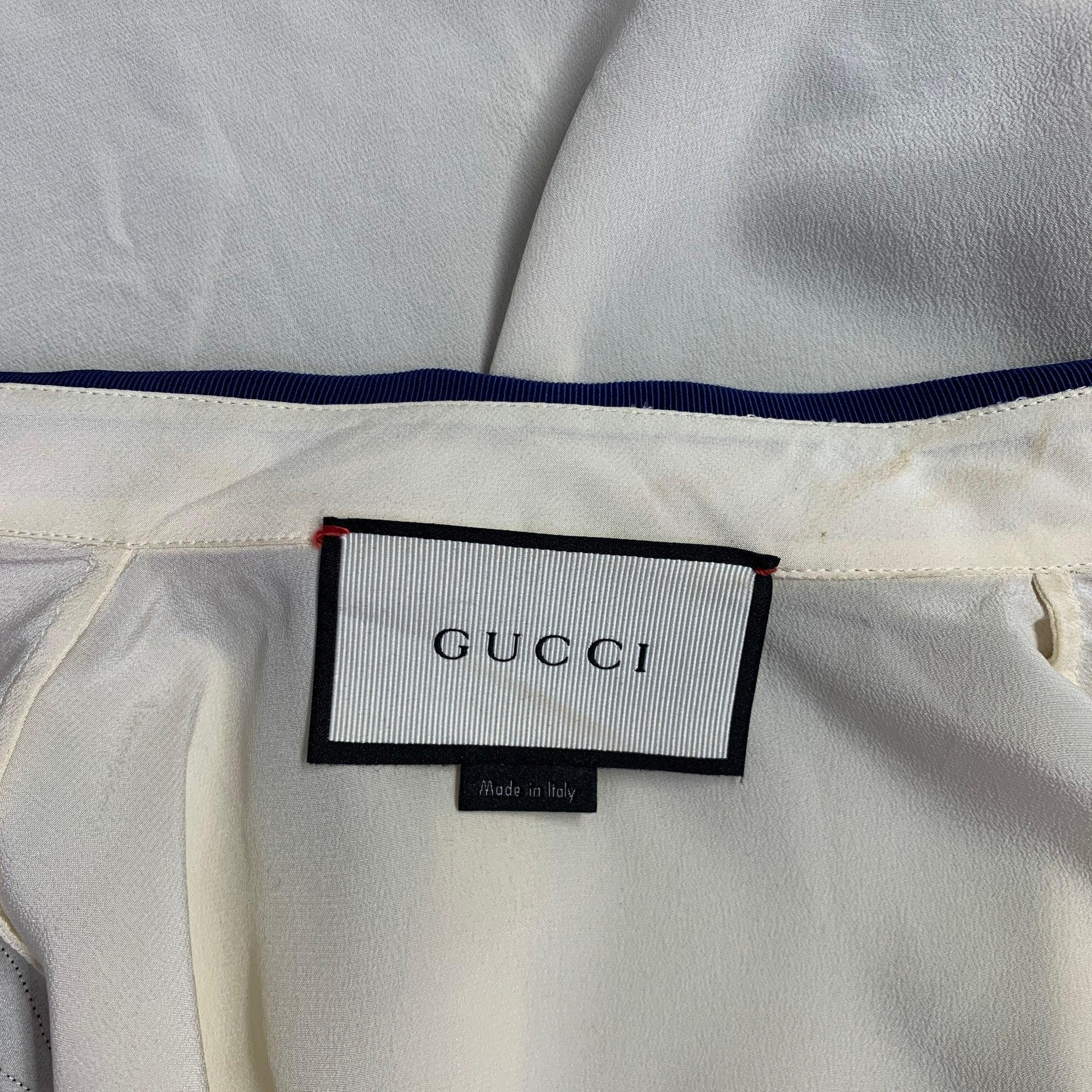 GUCCI Size 2 Cream Red Blue Silk Embellishment Pussybow Honeybees Blouse For Sale 2