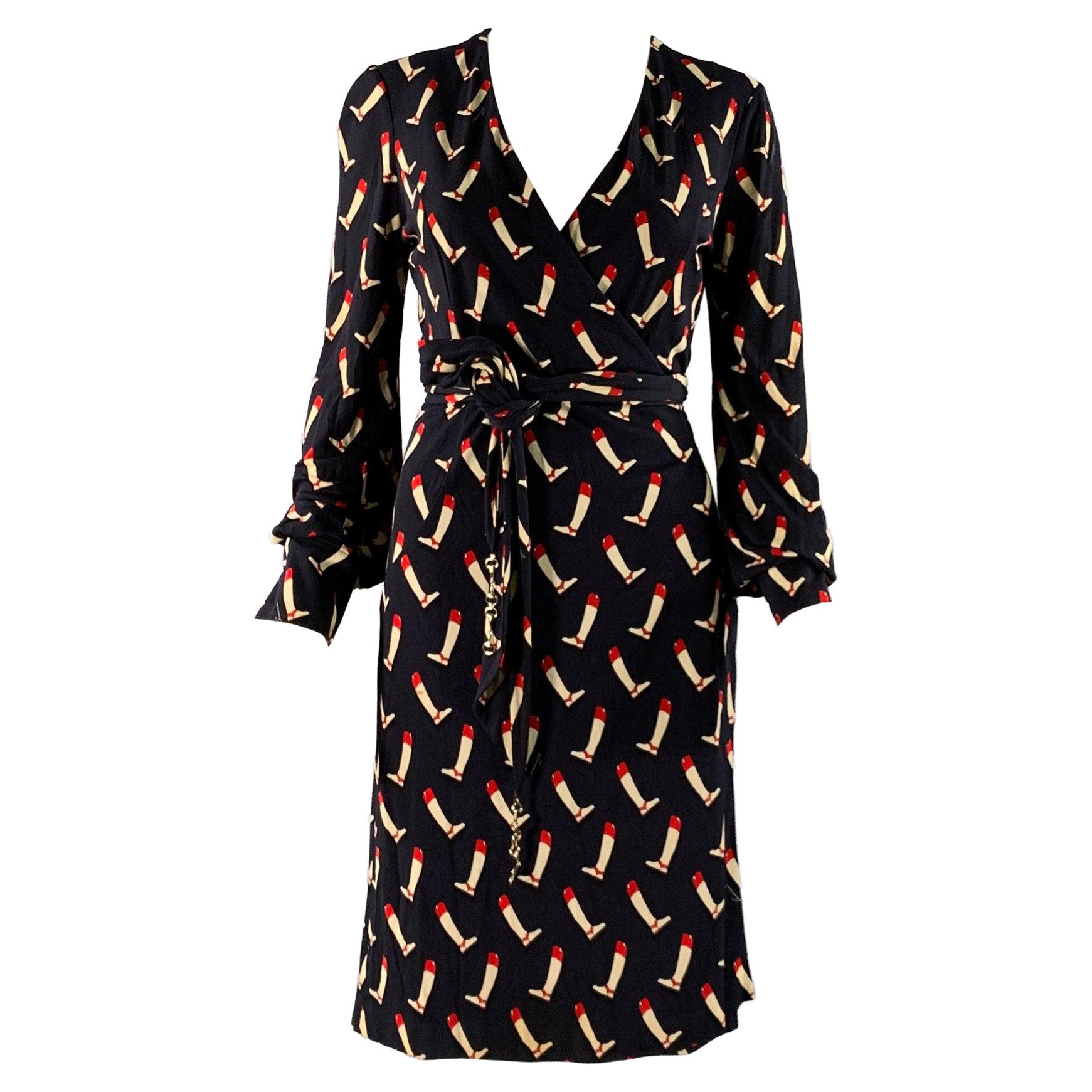 Pre-owned Gucci Size 2 Navy Red Silk Riding Boots Wrap Knee-length Dress