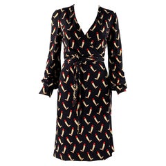 GUCCI Size 2 Navy Red Silk Riding Boots Wrap Knee-Length Dress