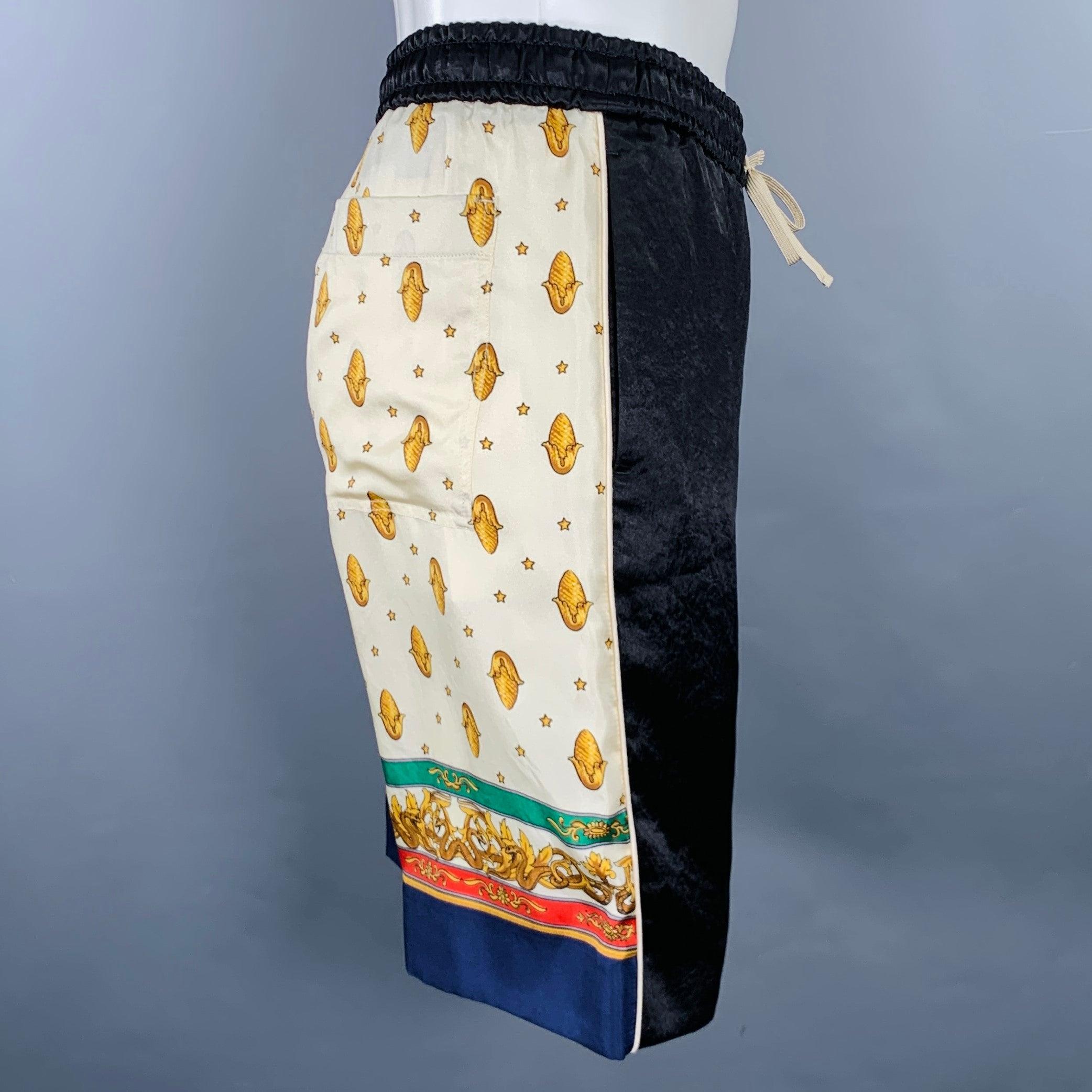 GUCCI by Alessandro Michele 2019 shorts in a black and beige acetate and silk featuring a joggers style, acorns patterned back, and drawstring closure. Made in Italy.New with Tags. 

Marked:   IT 44 

Measurements: 
  Waist: 28 - 32 inches Rise: 10