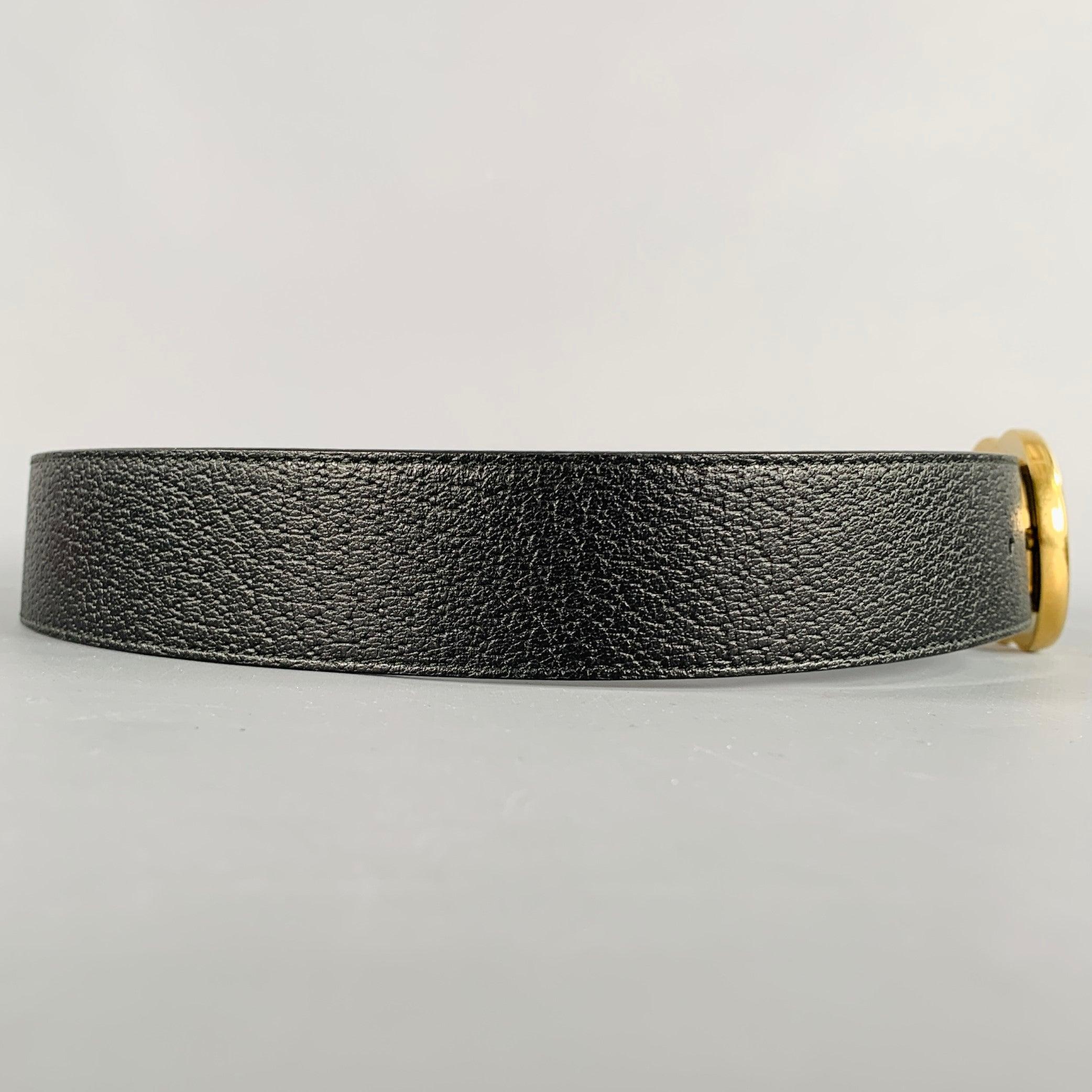 GUCCI Size 30 Black Gold Monogram Leather Metal Belt In Good Condition In San Francisco, CA