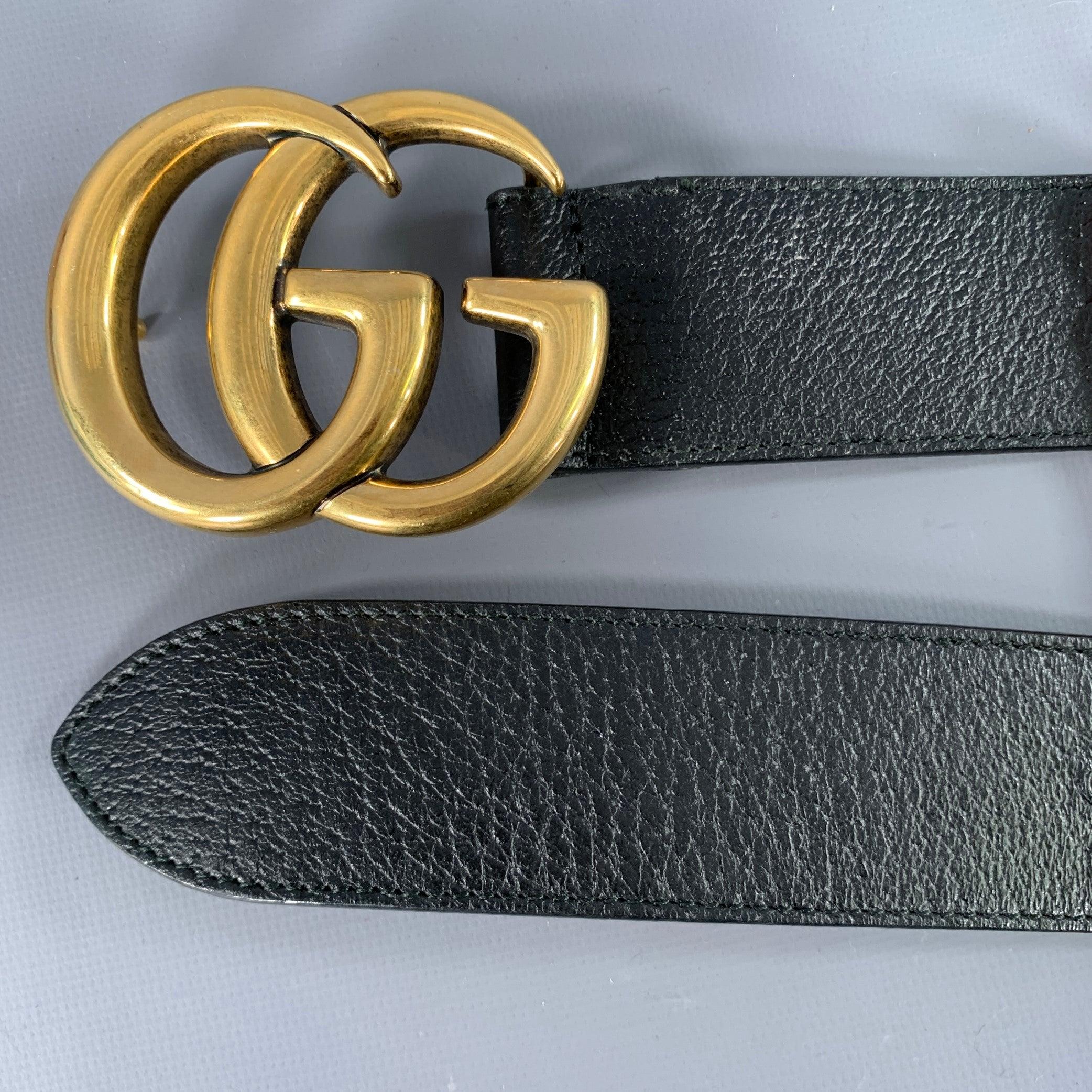 GUCCI Size 30 Black Gold Monogram Leather Metal Belt 2